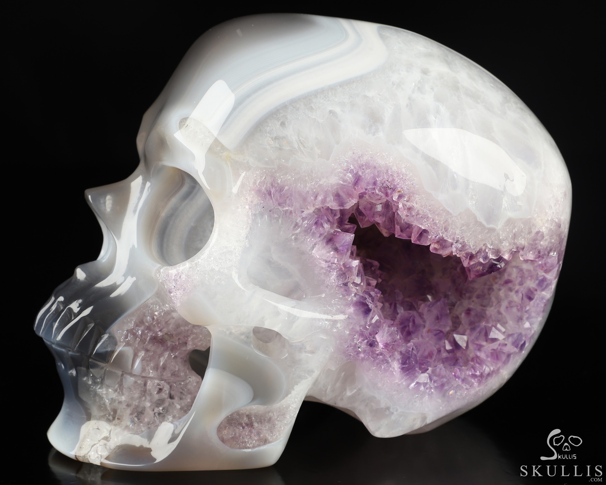 5.0" Agate Amethyst Geode Hand Carved Crystal Skull, Super Realistic, Crystal Healing 5.0" Agate Amethyst Geode Hand Carved Crystal Skull, Super Realistic, Crystal Healing