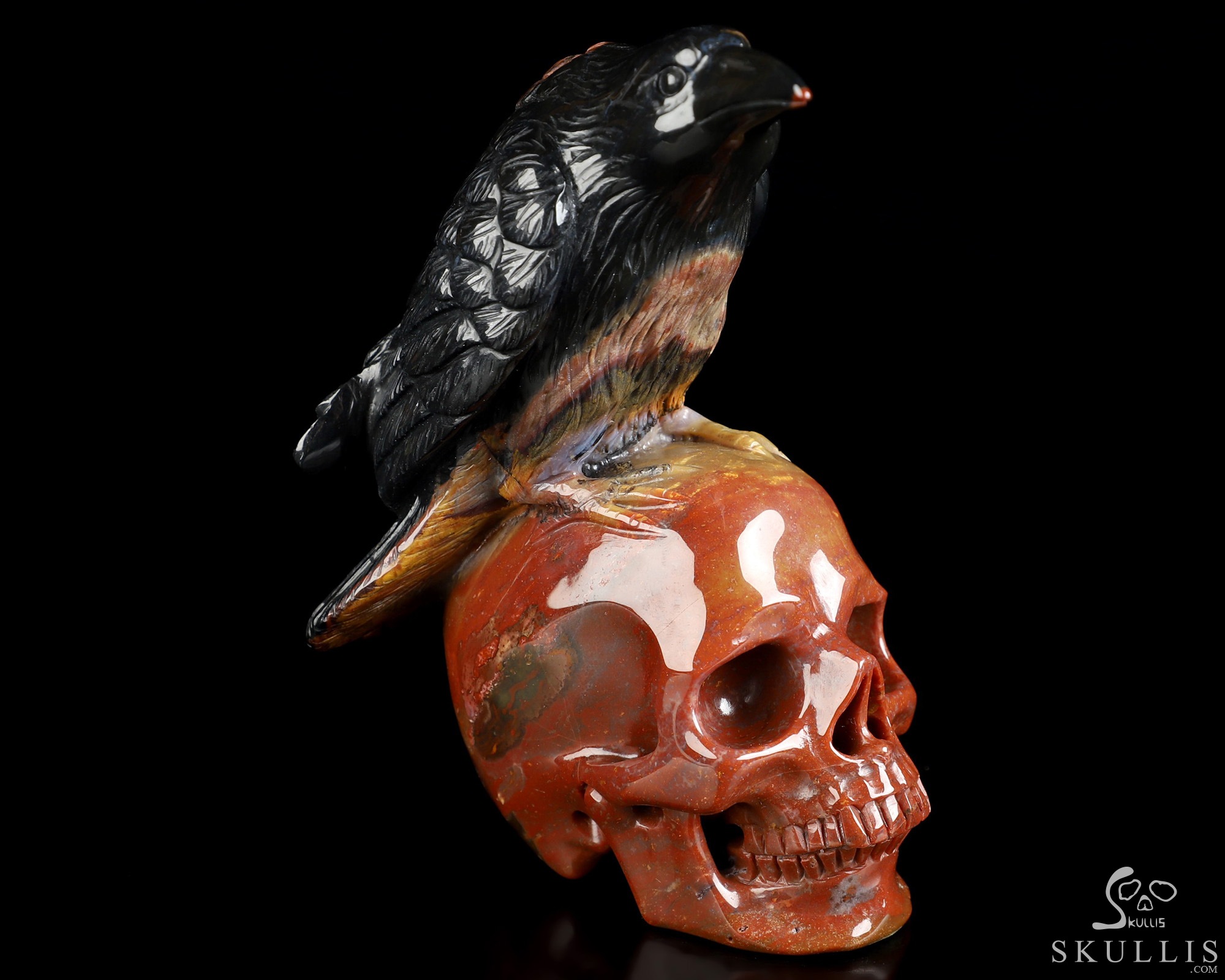 4.9" Indian Agate Hand Carved Crystal Skull and Raven Sculpture, Crystal Healing 4.9" Indian Agate Hand Carved Crystal Skull and Raven Sculpture, Crystal Healing