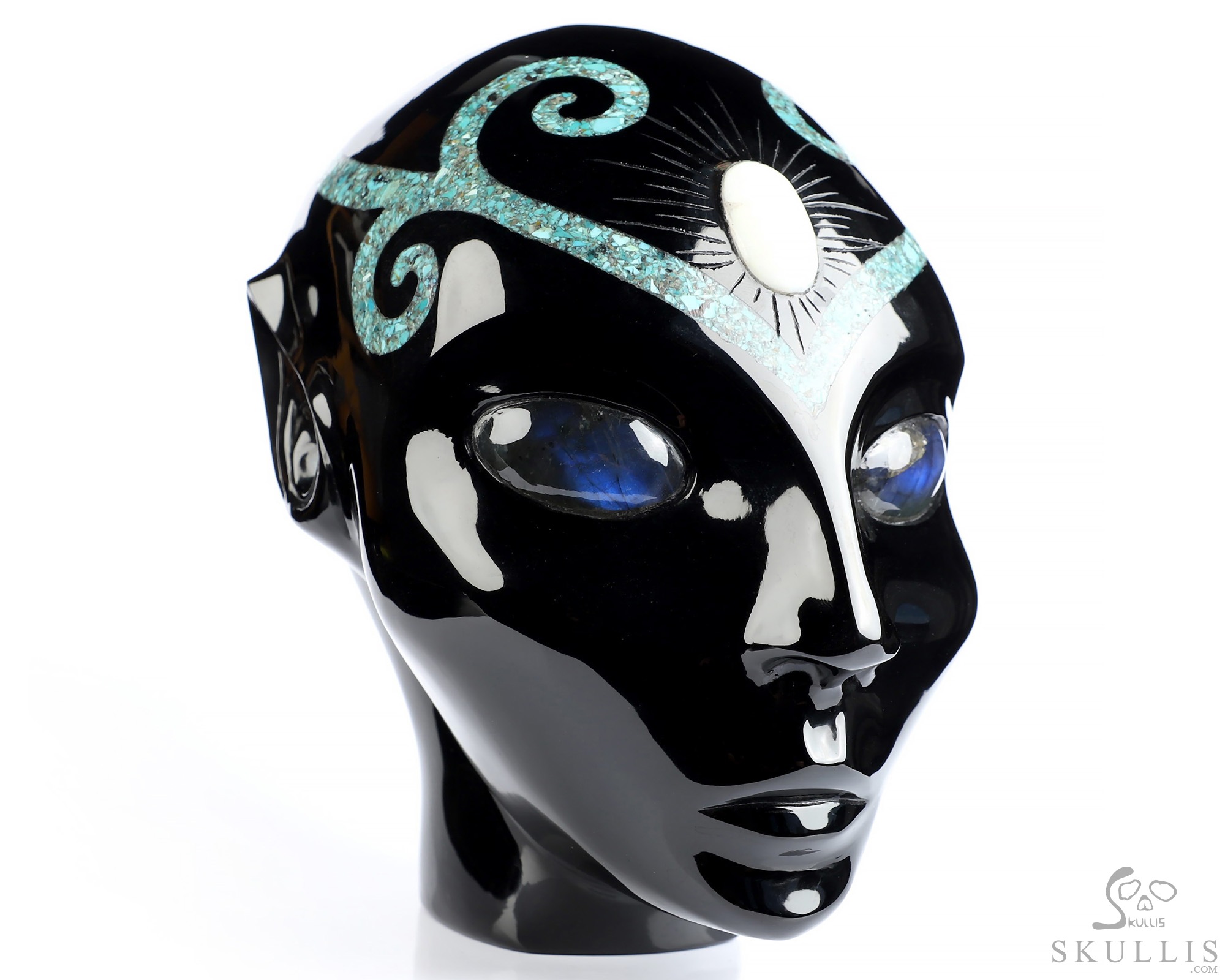 6.1" Black Obsidian and Malachite Inlay Hand Carved Female Alien Crystal Skull Companion With Labradorite Eyes, Hand Carved Gemstone Fine Art Sculpture, Reiki Healing Stone Statue 6.1" Black Obsidian and Malachite Inlay Hand Carved Female Alien Crystal Skull Companion With Labradorite Eyes, Hand Carved Gemstone Fine Art Sculpture, Reiki Healing Stone Statue
