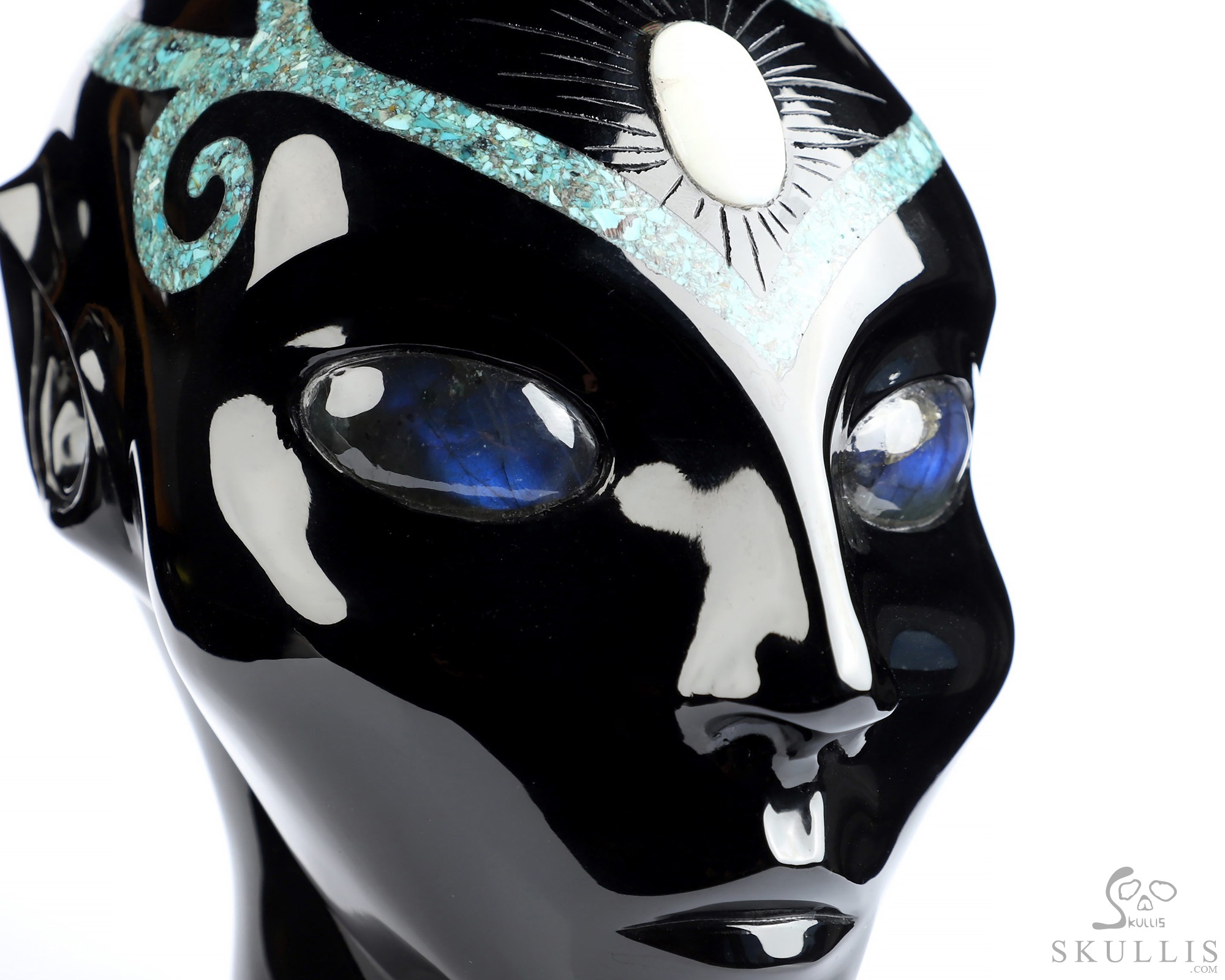 6.1" Black Obsidian and Malachite Inlay Hand Carved Female Alien Crystal Skull Companion With Labradorite Eyes, Hand Carved Gemstone Fine Art Sculpture, Reiki Healing Stone Statue 6.1" Black Obsidian and Malachite Inlay Hand Carved Female Alien Crystal Skull Companion With Labradorite Eyes, Hand Carved Gemstone Fine Art Sculpture, Reiki Healing Stone Statue
