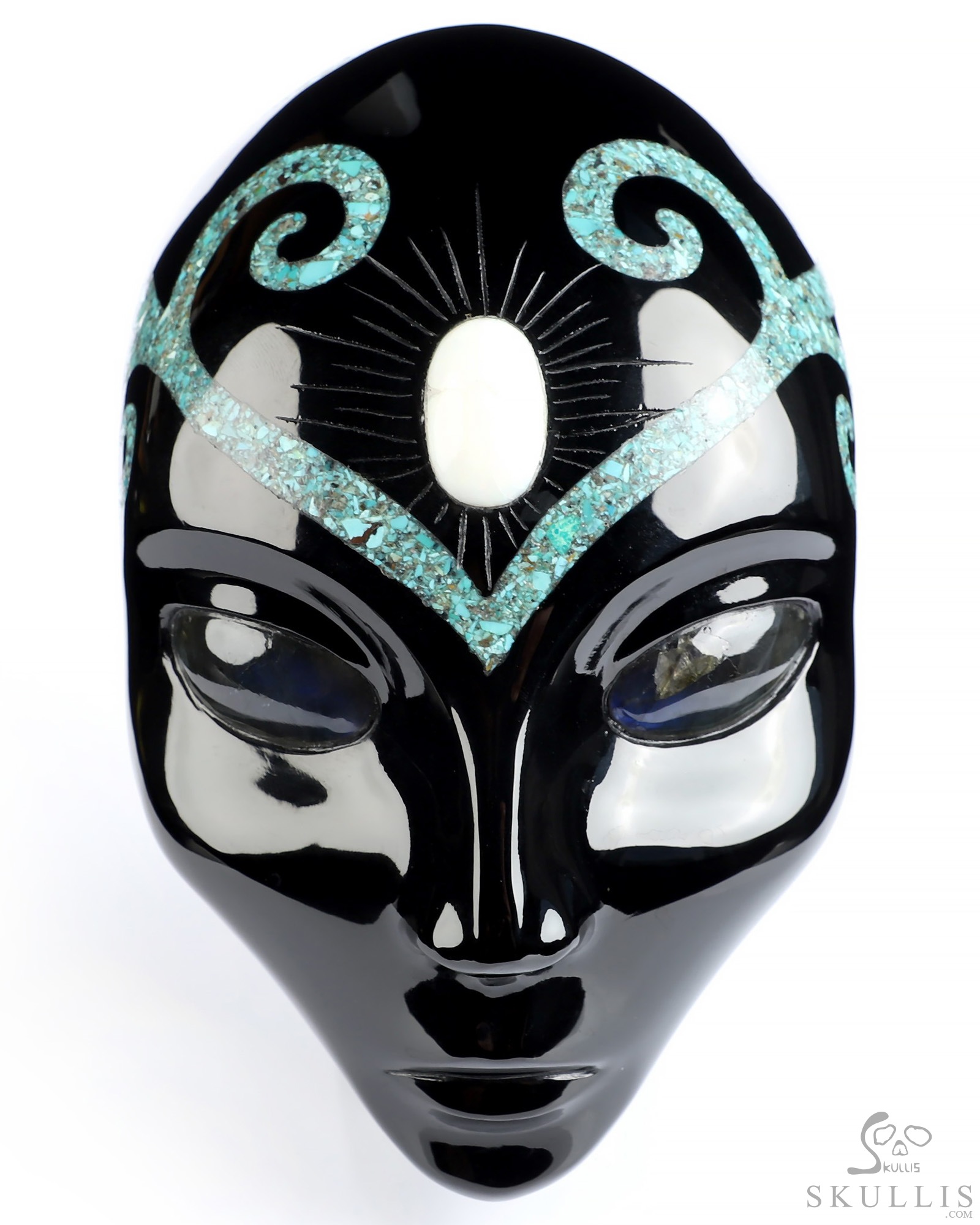 6.1" Black Obsidian and Malachite Inlay Hand Carved Female Alien Crystal Skull Companion With Labradorite Eyes, Hand Carved Gemstone Fine Art Sculpture, Reiki Healing Stone Statue 6.1" Black Obsidian and Malachite Inlay Hand Carved Female Alien Crystal Skull Companion With Labradorite Eyes, Hand Carved Gemstone Fine Art Sculpture, Reiki Healing Stone Statue