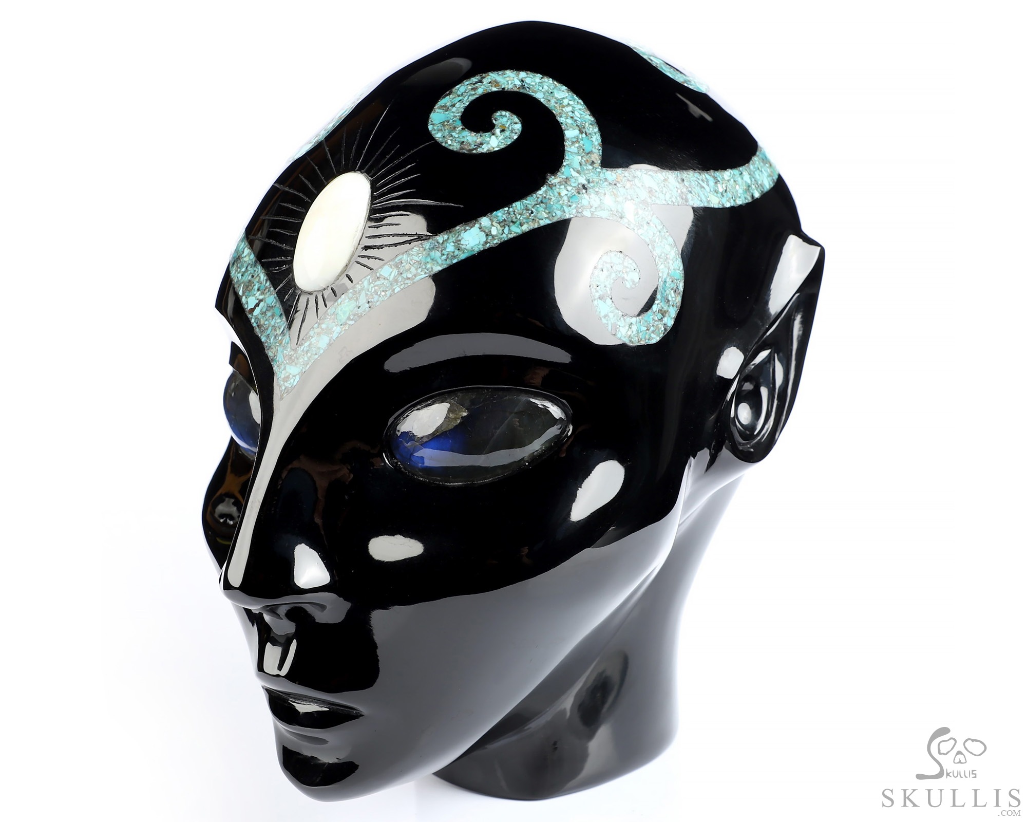 6.1" Black Obsidian and Malachite Inlay Hand Carved Female Alien Crystal Skull Companion With Labradorite Eyes, Hand Carved Gemstone Fine Art Sculpture, Reiki Healing Stone Statue 6.1" Black Obsidian and Malachite Inlay Hand Carved Female Alien Crystal Skull Companion With Labradorite Eyes, Hand Carved Gemstone Fine Art Sculpture, Reiki Healing Stone Statue