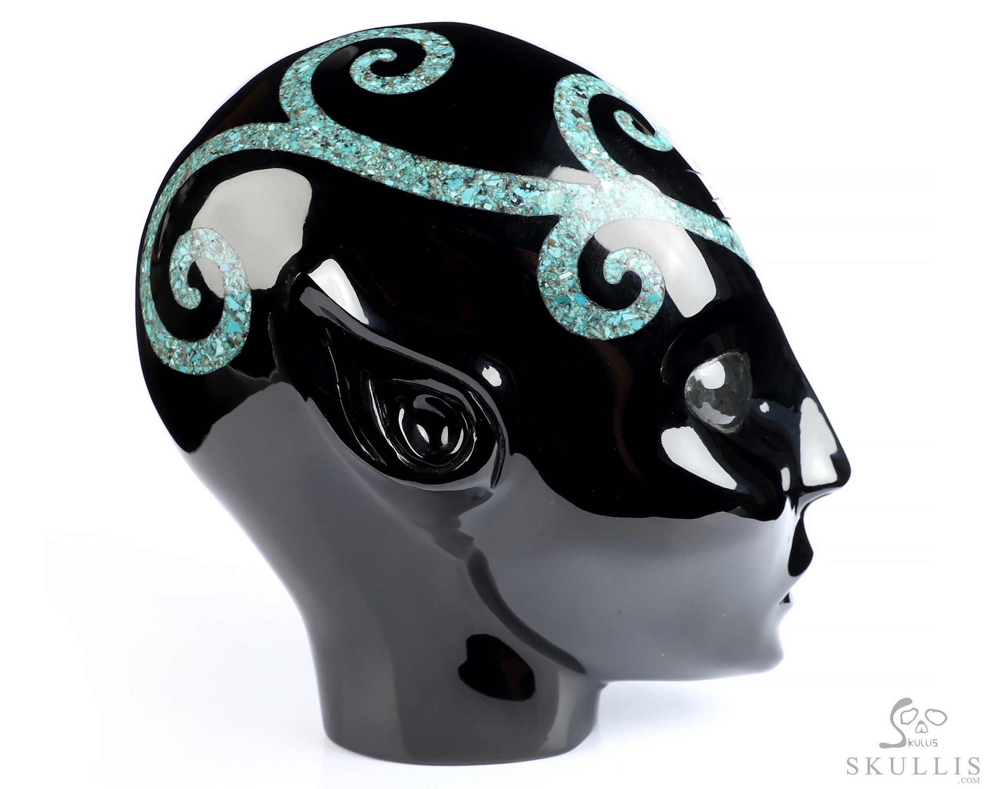 6.1" Black Obsidian and Malachite Inlay Hand Carved Female Alien Crystal Skull Companion With Labradorite Eyes, Hand Carved Gemstone Fine Art Sculpture, Reiki Healing Stone Statue 6.1" Black Obsidian and Malachite Inlay Hand Carved Female Alien Crystal Skull Companion With Labradorite Eyes, Hand Carved Gemstone Fine Art Sculpture, Reiki Healing Stone Statue