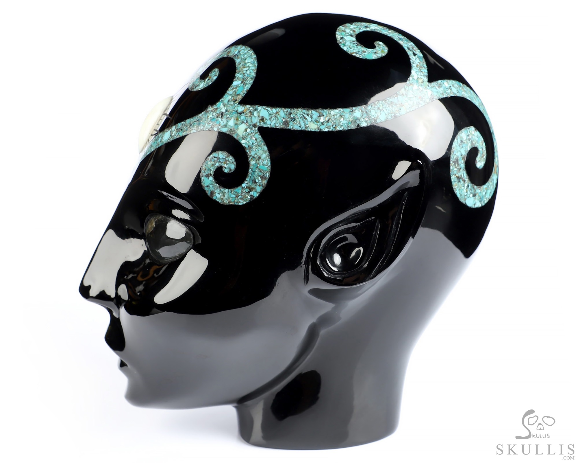 6.1" Black Obsidian and Malachite Inlay Hand Carved Female Alien Crystal Skull Companion With Labradorite Eyes, Hand Carved Gemstone Fine Art Sculpture, Reiki Healing Stone Statue 6.1" Black Obsidian and Malachite Inlay Hand Carved Female Alien Crystal Skull Companion With Labradorite Eyes, Hand Carved Gemstone Fine Art Sculpture, Reiki Healing Stone Statue