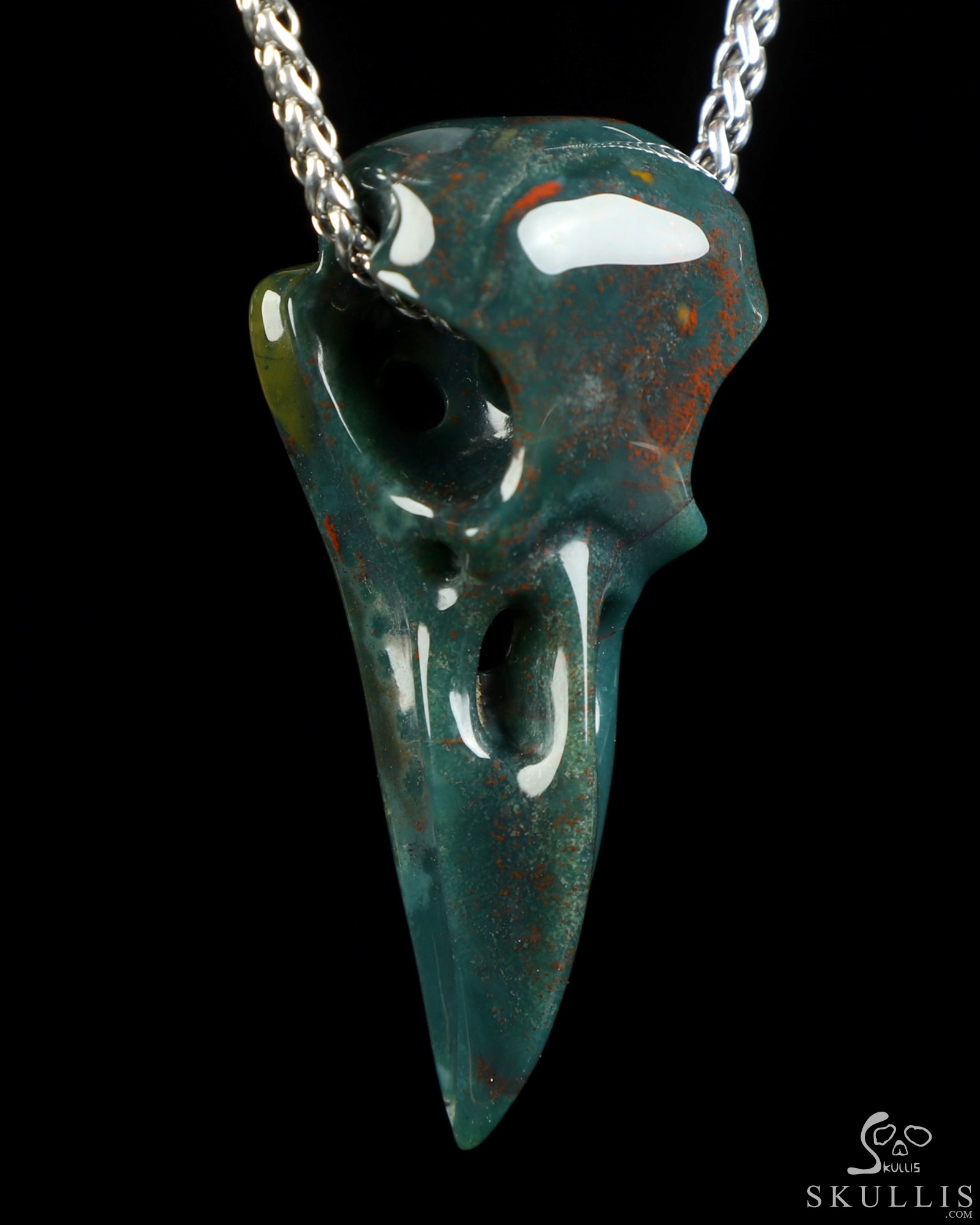 Necklace of 2.3" Bloodstone Hand Carved Crystal Skull Pendant, Skull Jewelry Necklace of 2.3" Bloodstone Hand Carved Crystal Skull Pendant, Skull Jewelry