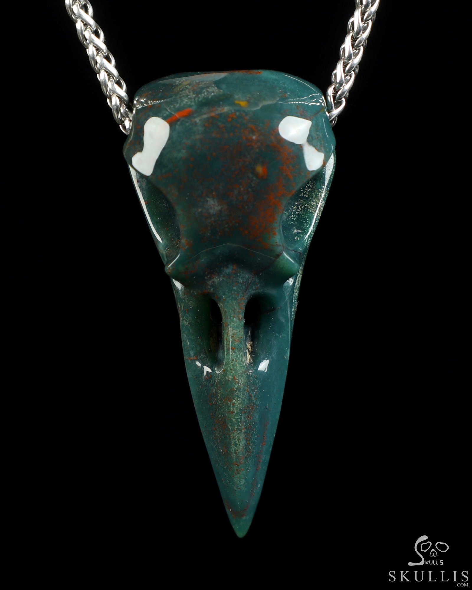 Necklace of 2.3" Bloodstone Hand Carved Crystal Skull Pendant, Skull Jewelry Necklace of 2.3" Bloodstone Hand Carved Crystal Skull Pendant, Skull Jewelry