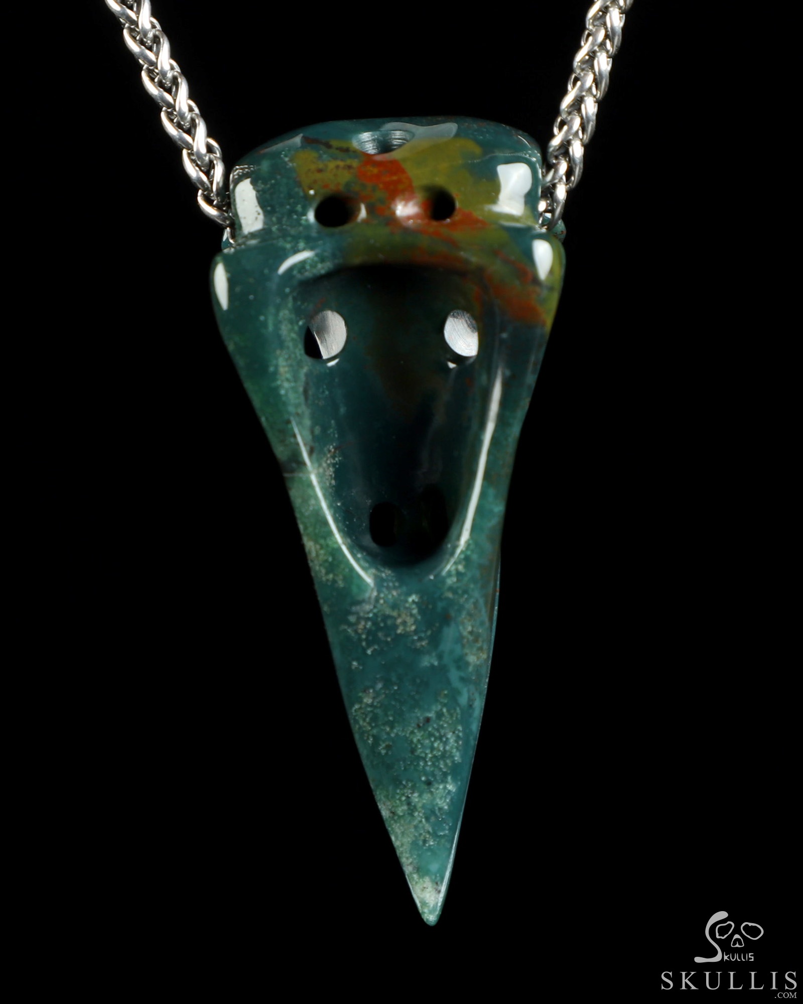 Necklace of 2.3" Bloodstone Hand Carved Crystal Skull Pendant, Skull Jewelry Necklace of 2.3" Bloodstone Hand Carved Crystal Skull Pendant, Skull Jewelry