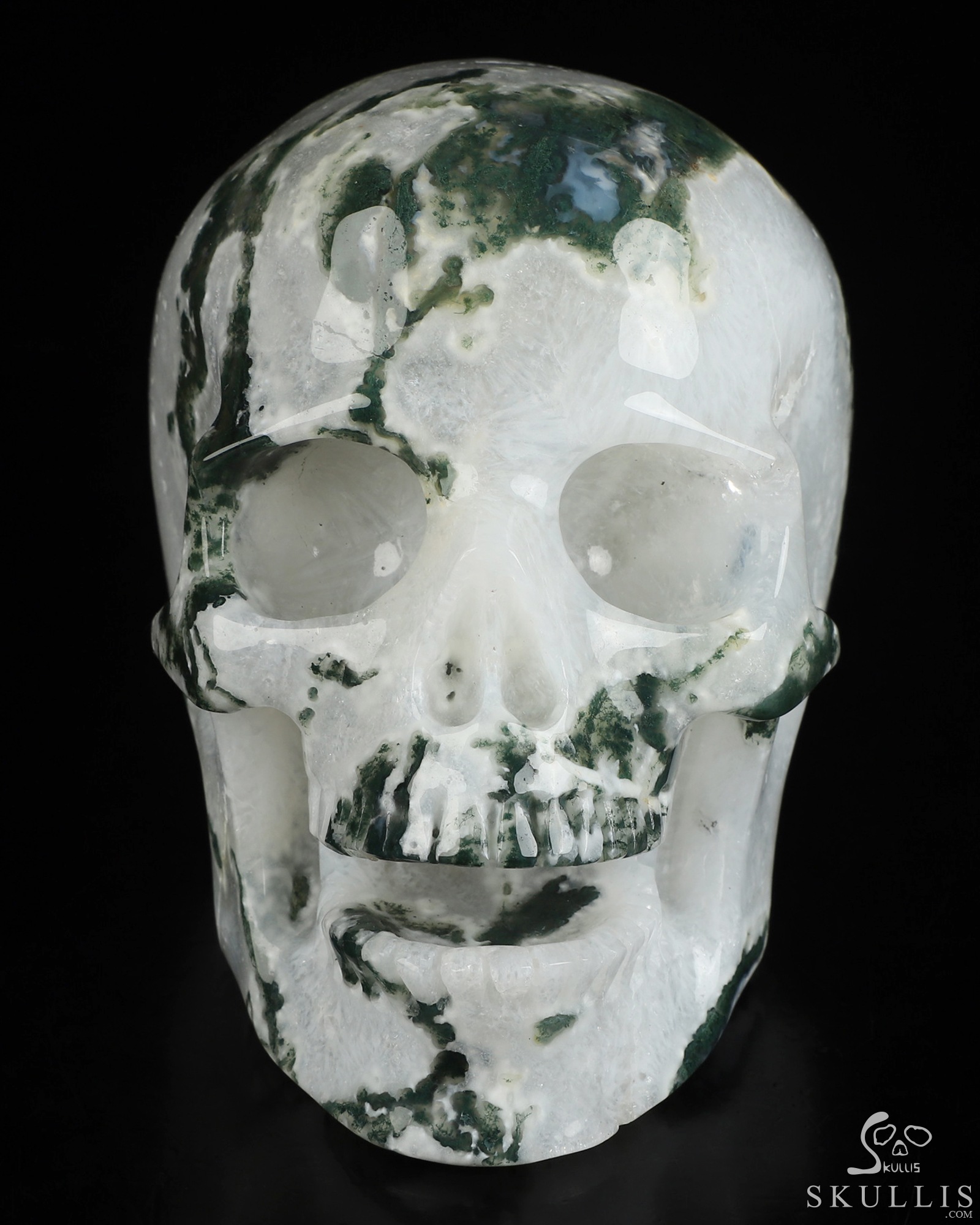 5.2" Green Moss Agate Hand Carved Singing Crystal Skull Sculpture, Crystal Healing 5.2" Green Moss Agate Hand Carved Singing Crystal Skull Sculpture, Crystal Healing