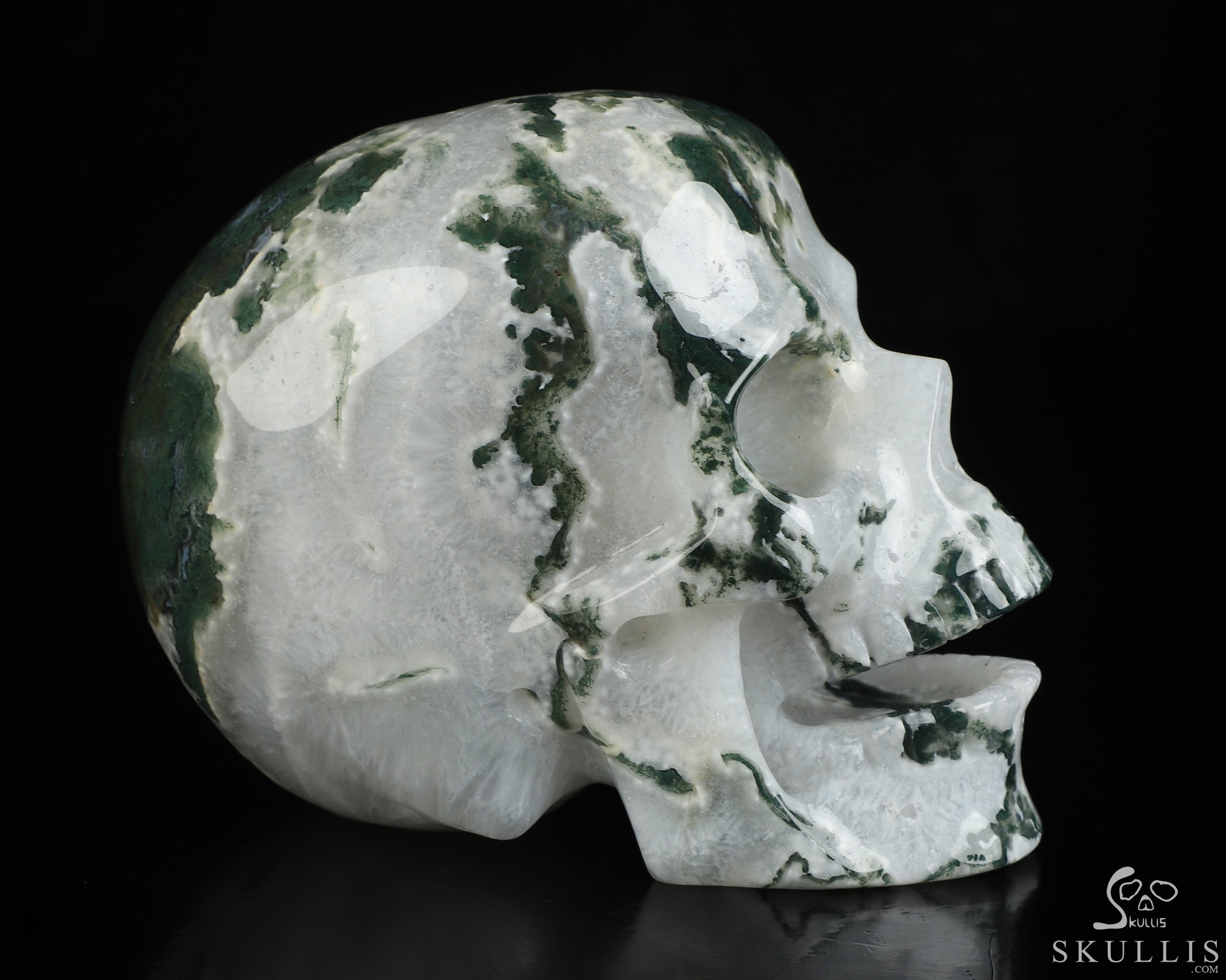 5.2" Green Moss Agate Hand Carved Singing Crystal Skull Sculpture, Crystal Healing 5.2" Green Moss Agate Hand Carved Singing Crystal Skull Sculpture, Crystal Healing
