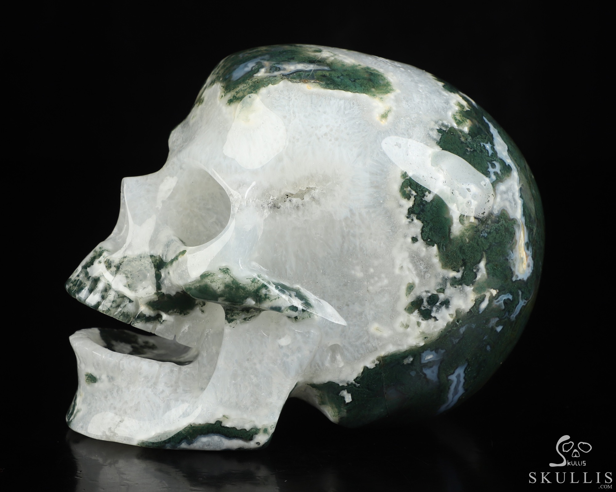 5.2" Green Moss Agate Hand Carved Singing Crystal Skull Sculpture, Crystal Healing 5.2" Green Moss Agate Hand Carved Singing Crystal Skull Sculpture, Crystal Healing