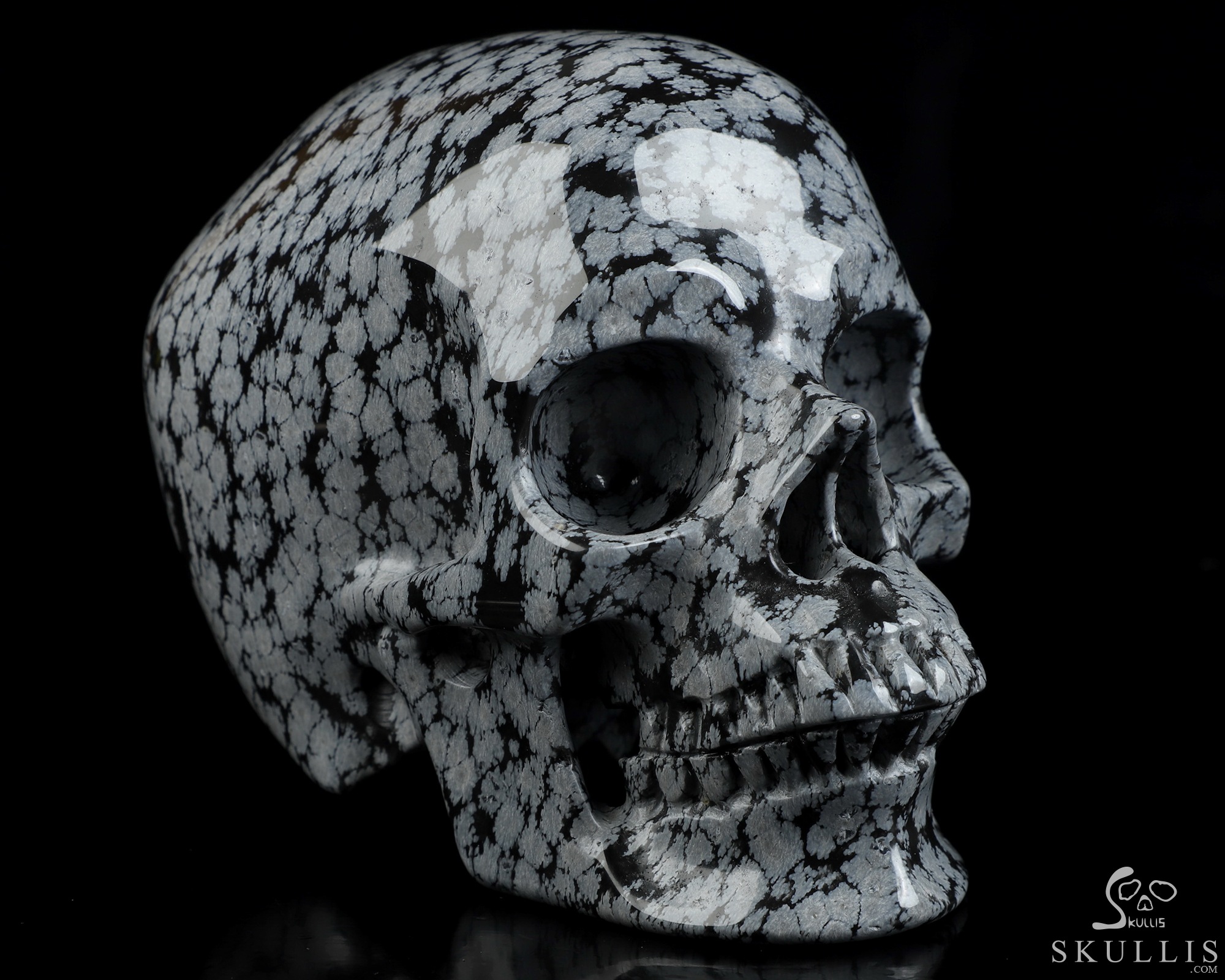 5.0" Snowflake Obsidian Hand Carved Crystal Skull, Super Realistic, Crystal Healing 5.0" Snowflake Obsidian Hand Carved Crystal Skull, Super Realistic, Crystal Healing