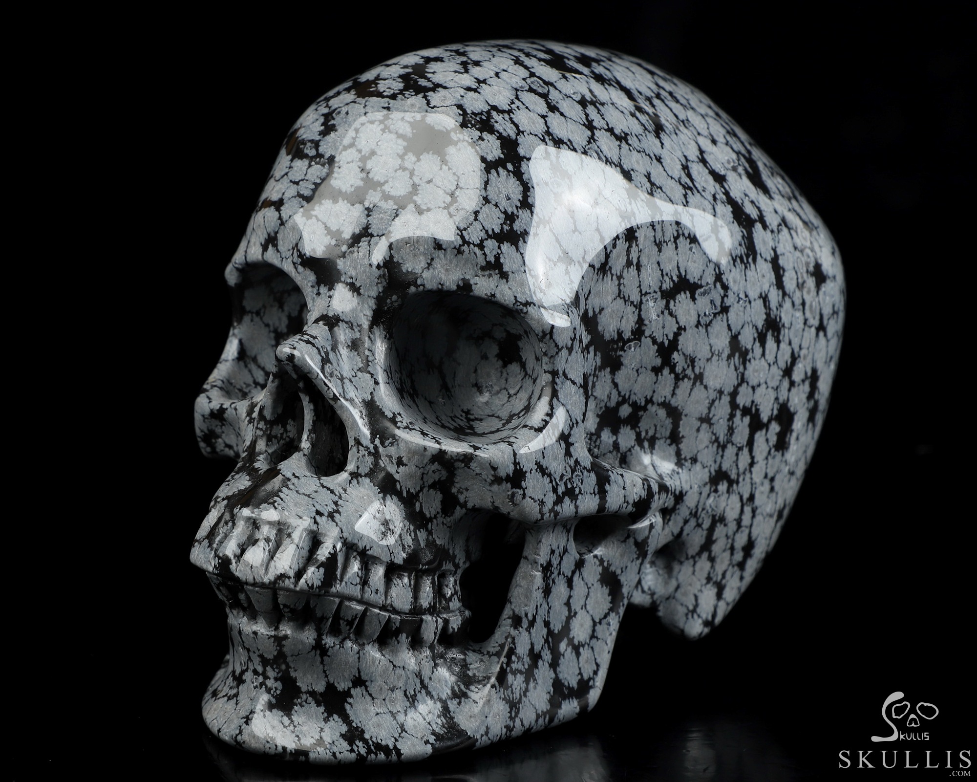 5.0" Snowflake Obsidian Hand Carved Crystal Skull, Super Realistic, Crystal Healing 5.0" Snowflake Obsidian Hand Carved Crystal Skull, Super Realistic, Crystal Healing
