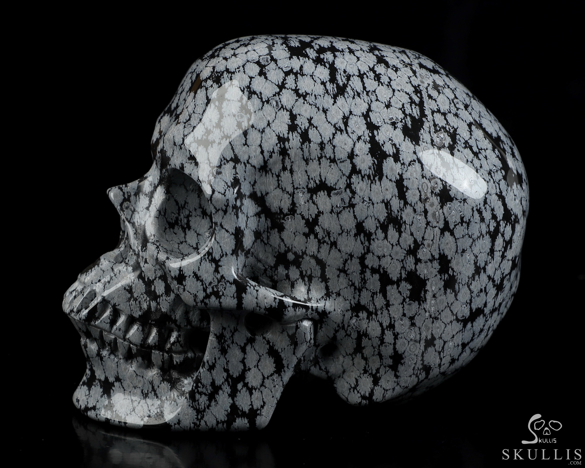 5.0" Snowflake Obsidian Hand Carved Crystal Skull, Super Realistic, Crystal Healing 5.0" Snowflake Obsidian Hand Carved Crystal Skull, Super Realistic, Crystal Healing