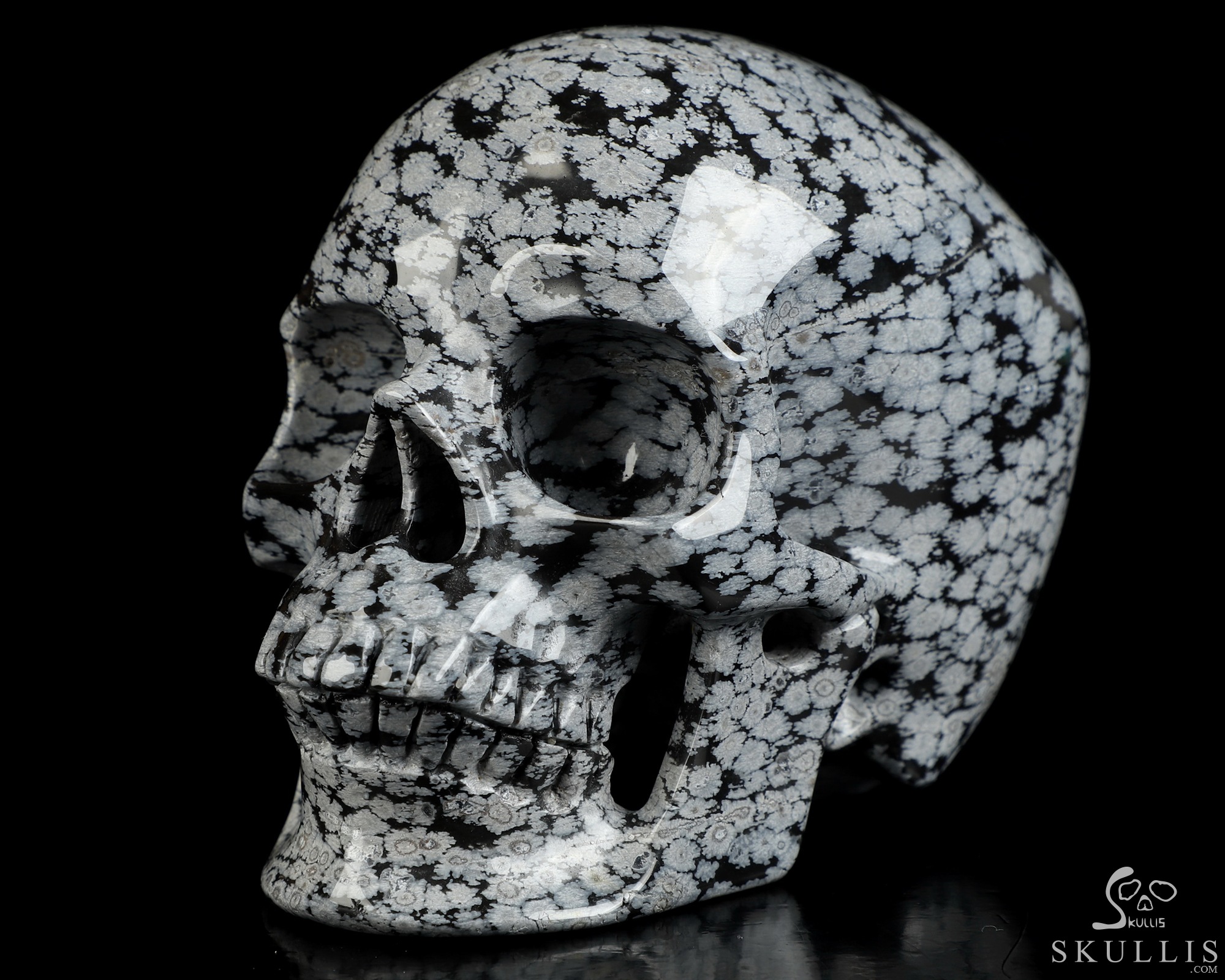 5.1" Snowflake Obsidian Hand Carved Crystal Skull, Super Realistic, Crystal Healing 5.1" Snowflake Obsidian Hand Carved Crystal Skull, Super Realistic, Crystal Healing