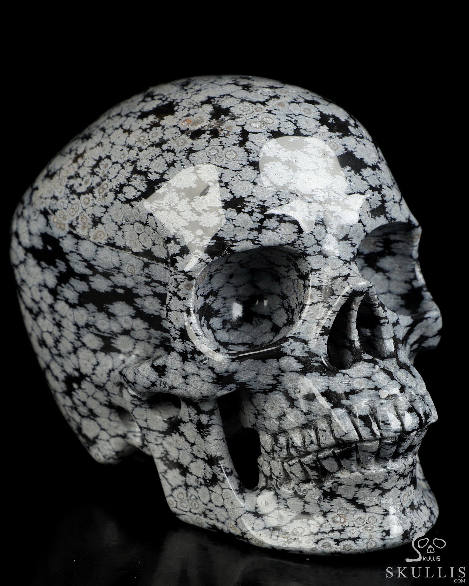5.1" Snowflake Obsidian Hand Carved Crystal Skull, Super Realistic, Crystal Healing 5.1" Snowflake Obsidian Hand Carved Crystal Skull, Super Realistic, Crystal Healing