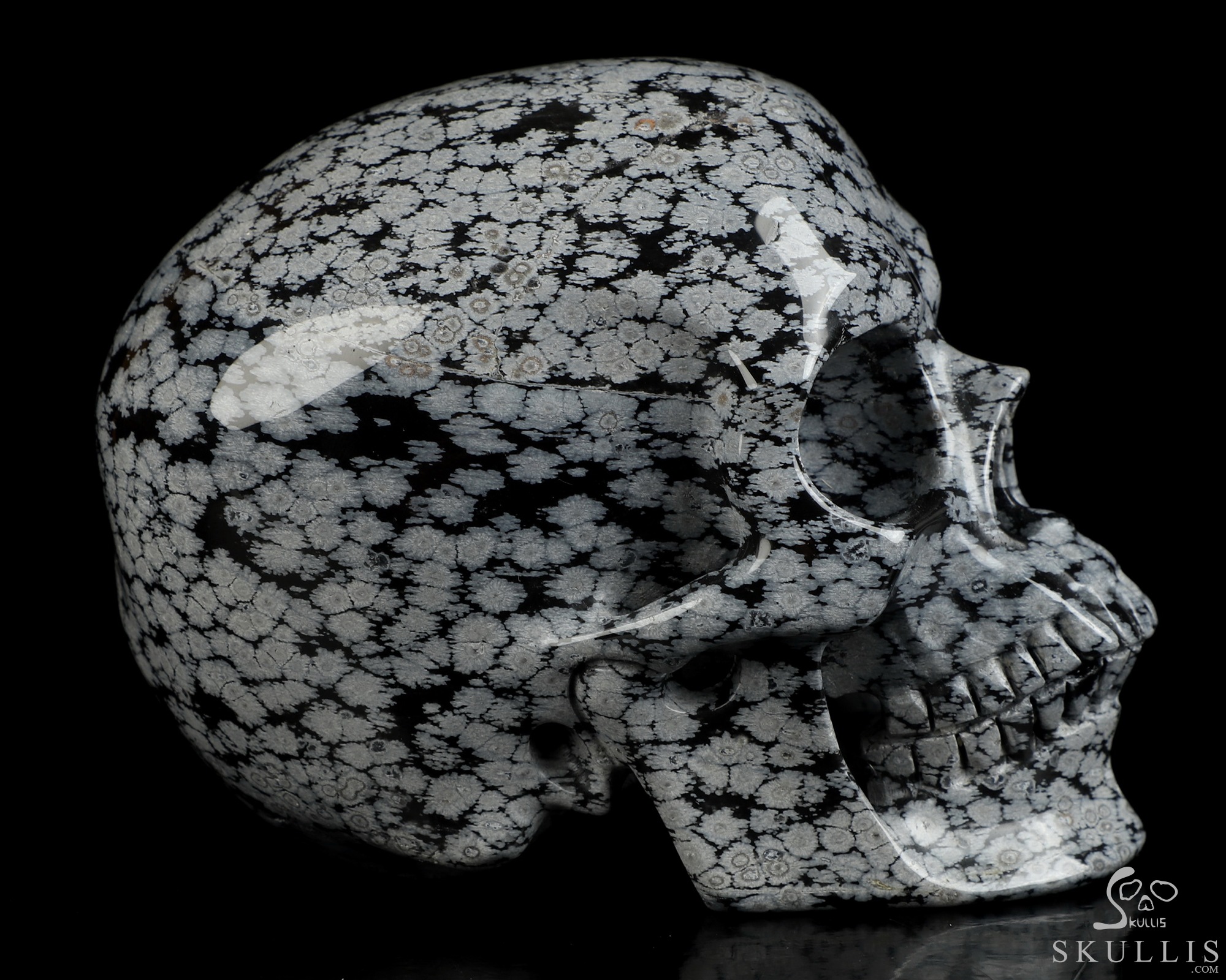 5.1" Snowflake Obsidian Hand Carved Crystal Skull, Super Realistic, Crystal Healing 5.1" Snowflake Obsidian Hand Carved Crystal Skull, Super Realistic, Crystal Healing