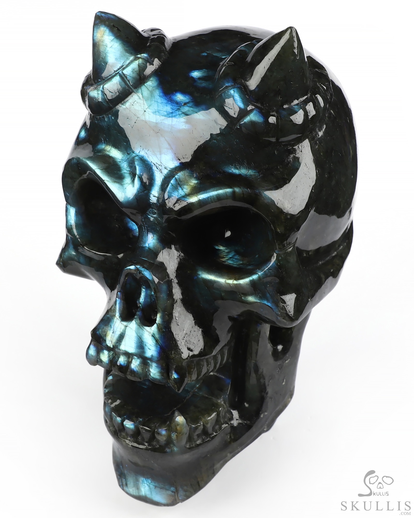 Ring-Base Horned Skull - 6.5" Labradorite Hand Carved Crystal Skull Fine Art Sculpture, Crystal Healing Ring-Base Horned Skull - 6.5" Labradorite Hand Carved Crystal Skull Fine Art Sculpture, Crystal Healing