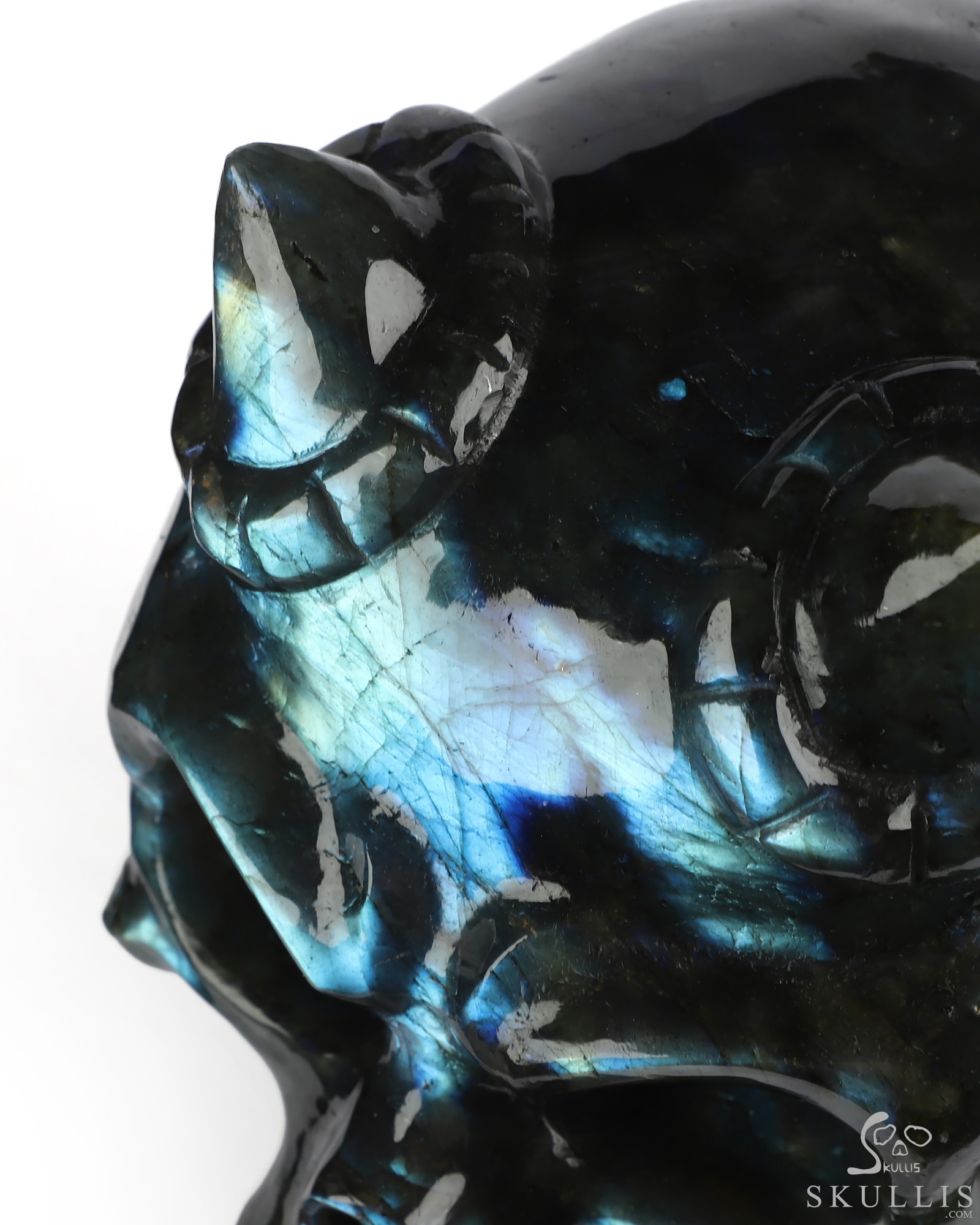 Ring-Base Horned Skull - 6.5" Labradorite Hand Carved Crystal Skull Fine Art Sculpture, Crystal Healing Ring-Base Horned Skull - 6.5" Labradorite Hand Carved Crystal Skull Fine Art Sculpture, Crystal Healing