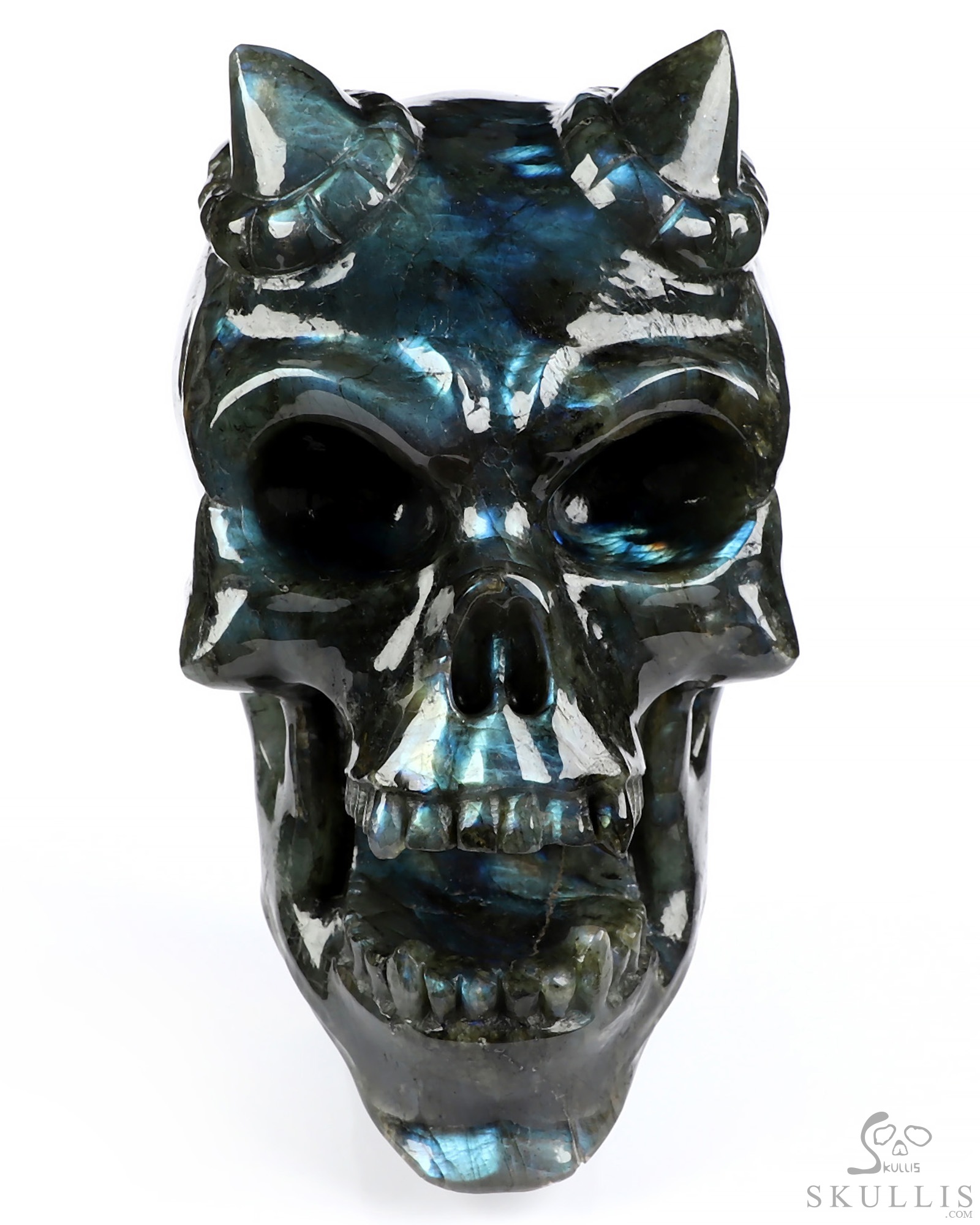 Ring-Base Horned Skull - 6.5" Labradorite Hand Carved Crystal Skull Fine Art Sculpture, Crystal Healing Ring-Base Horned Skull - 6.5" Labradorite Hand Carved Crystal Skull Fine Art Sculpture, Crystal Healing