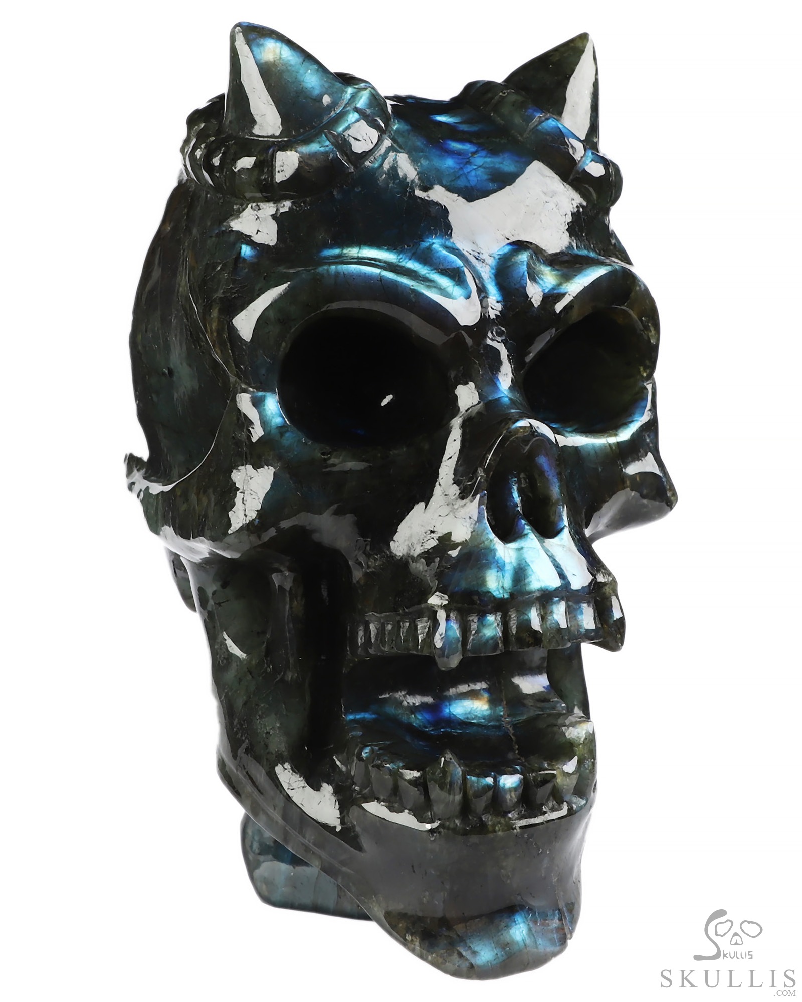 Ring-Base Horned Skull - 6.5" Labradorite Hand Carved Crystal Skull Fine Art Sculpture, Crystal Healing Ring-Base Horned Skull - 6.5" Labradorite Hand Carved Crystal Skull Fine Art Sculpture, Crystal Healing