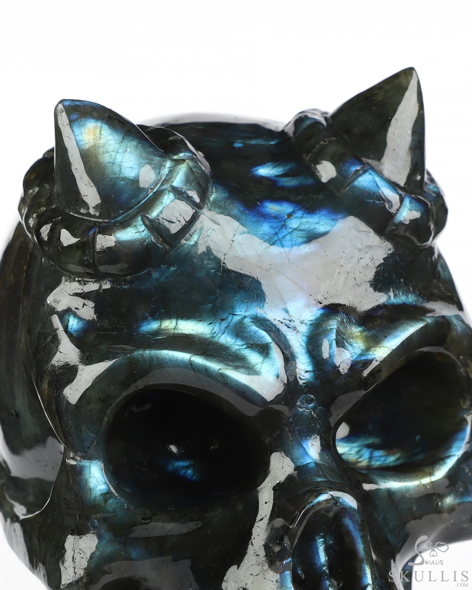 Ring-Base Horned Skull - 6.5" Labradorite Hand Carved Crystal Skull Fine Art Sculpture, Crystal Healing Ring-Base Horned Skull - 6.5" Labradorite Hand Carved Crystal Skull Fine Art Sculpture, Crystal Healing