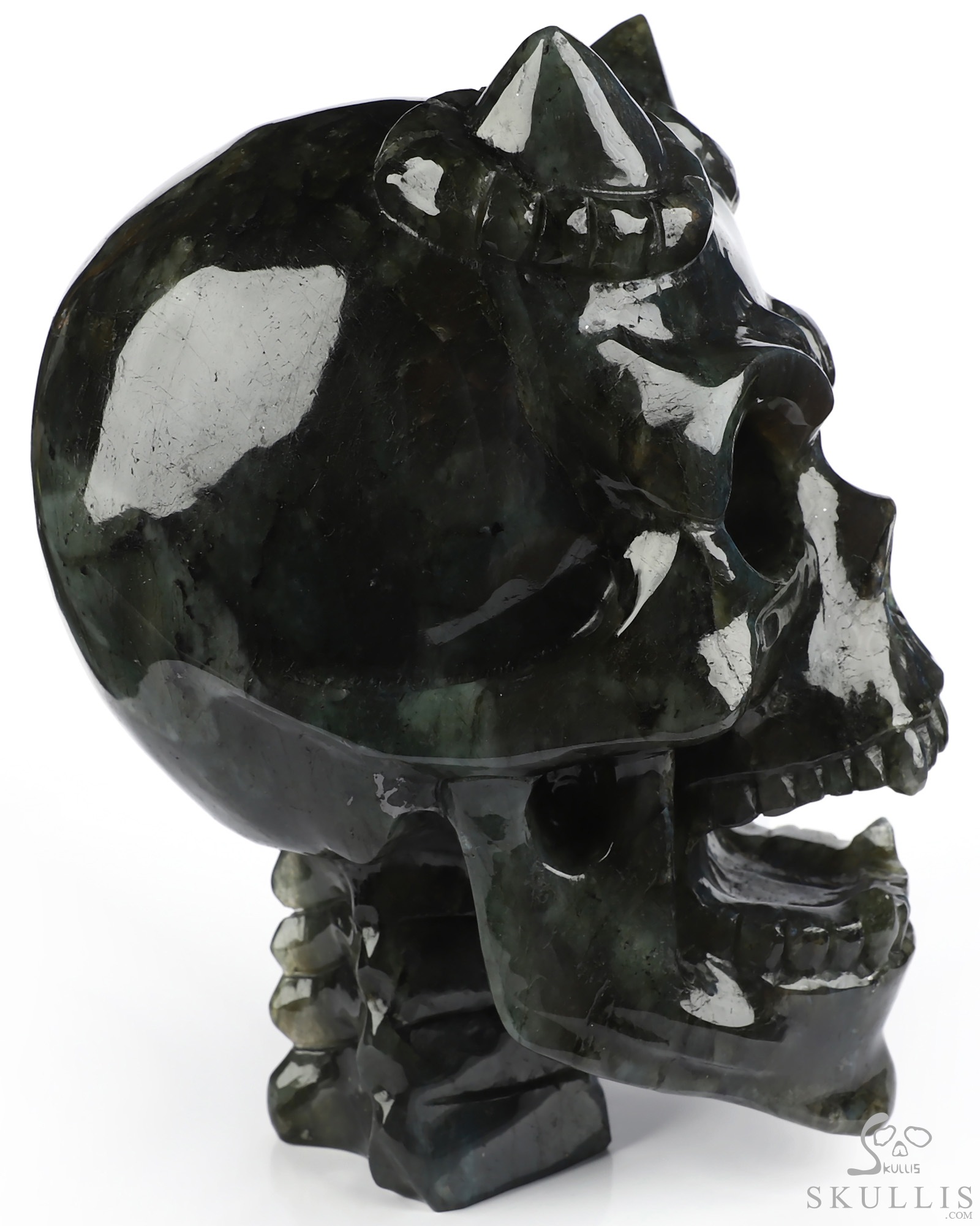 Ring-Base Horned Skull - 6.5" Labradorite Hand Carved Crystal Skull Fine Art Sculpture, Crystal Healing Ring-Base Horned Skull - 6.5" Labradorite Hand Carved Crystal Skull Fine Art Sculpture, Crystal Healing