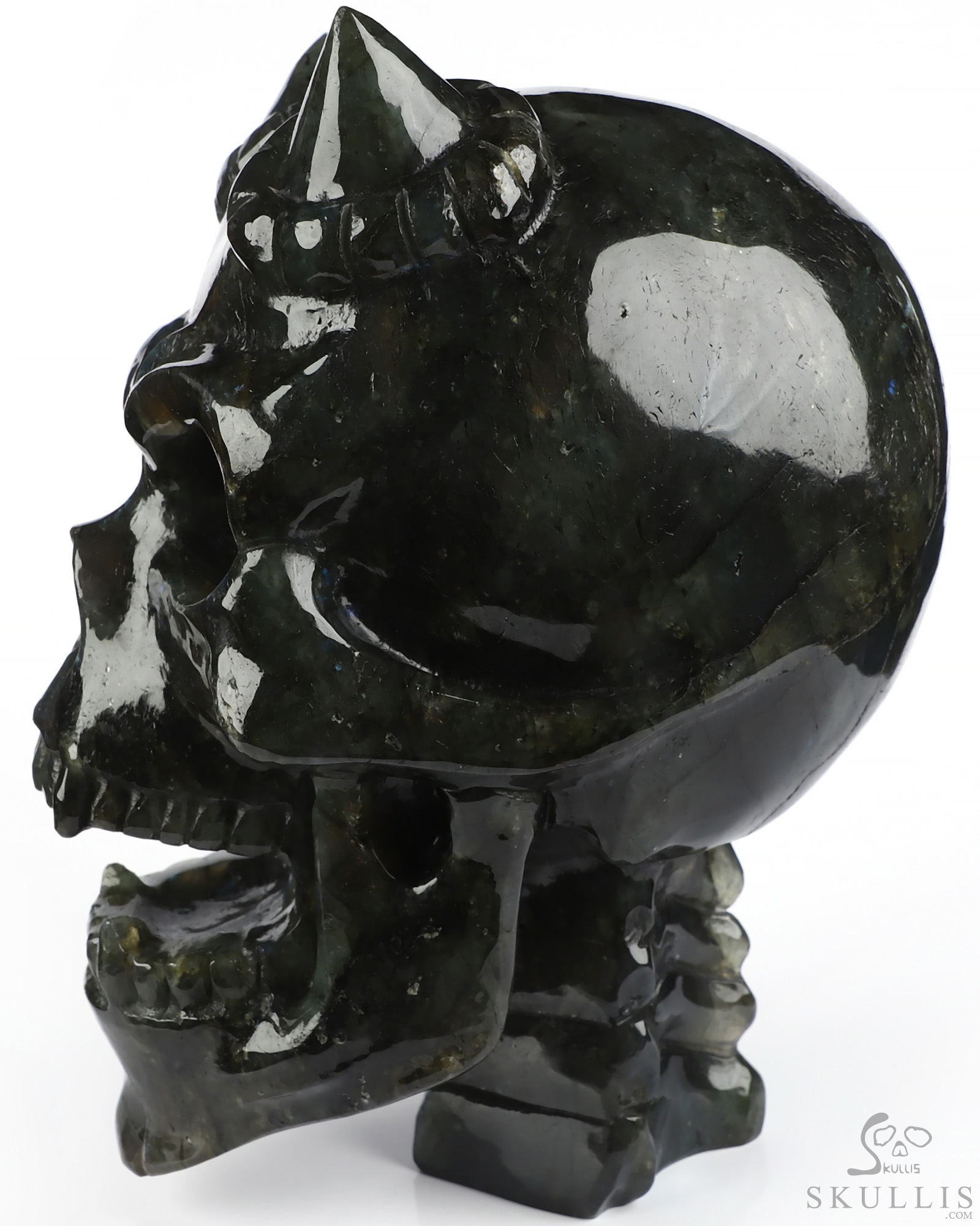 Ring-Base Horned Skull - 6.5" Labradorite Hand Carved Crystal Skull Fine Art Sculpture, Crystal Healing Ring-Base Horned Skull - 6.5" Labradorite Hand Carved Crystal Skull Fine Art Sculpture, Crystal Healing