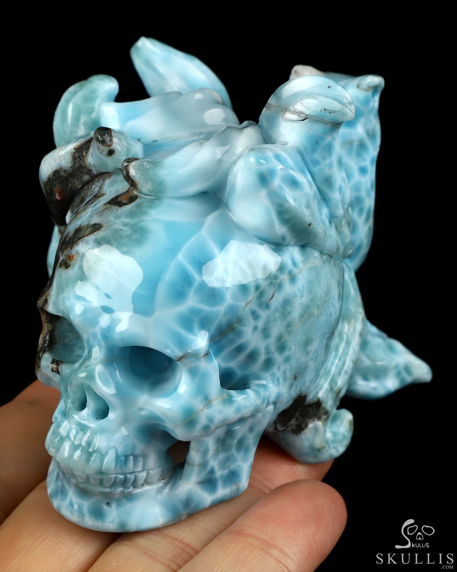 3.1" Larimar Hand Carved Crystal Skull and Fox Fine Art Sculpture, Crystal Healing 3.1" Larimar Hand Carved Crystal Skull and Fox Fine Art Sculpture, Crystal Healing