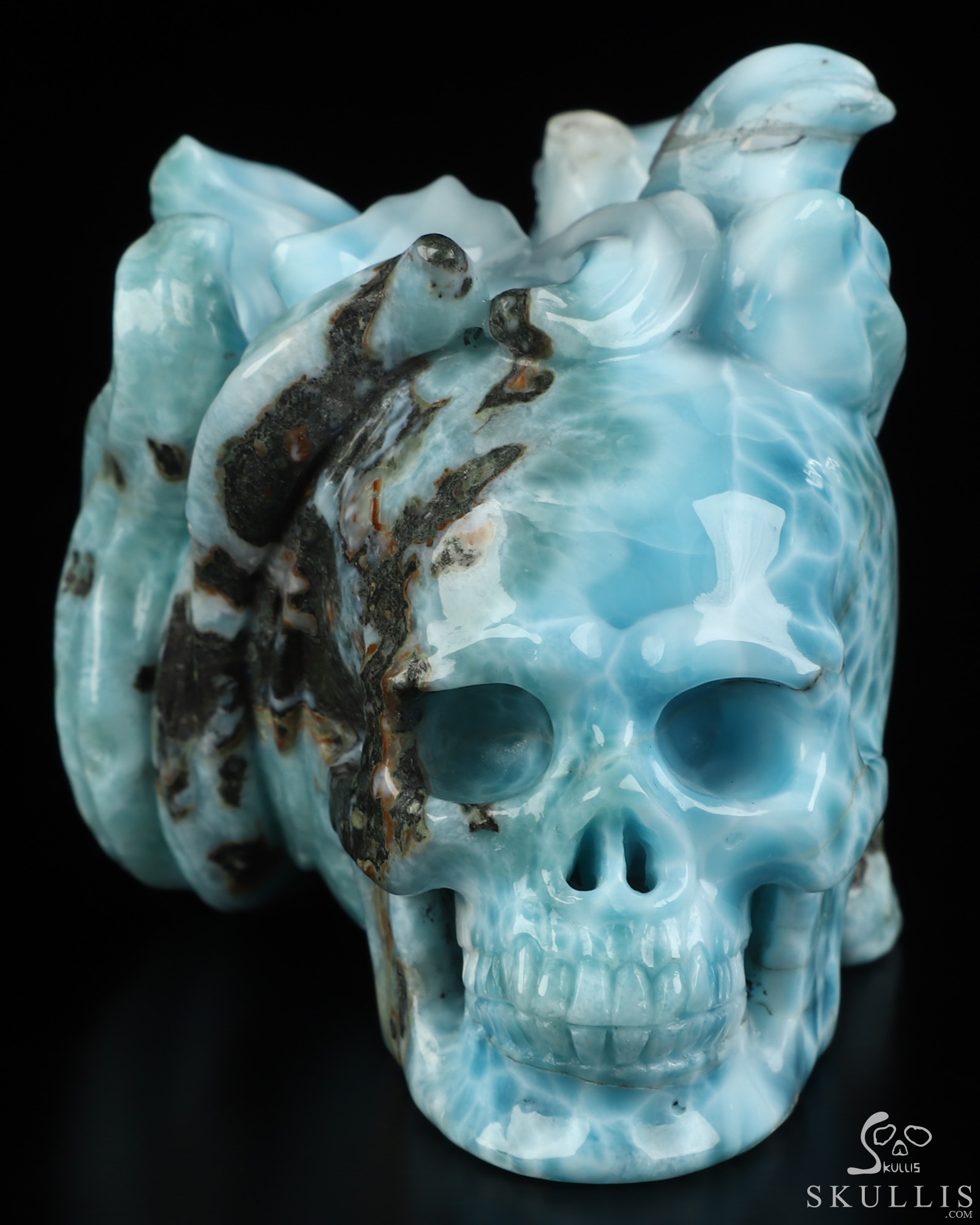 3.1" Larimar Hand Carved Crystal Skull and Fox Fine Art Sculpture, Crystal Healing 3.1" Larimar Hand Carved Crystal Skull and Fox Fine Art Sculpture, Crystal Healing