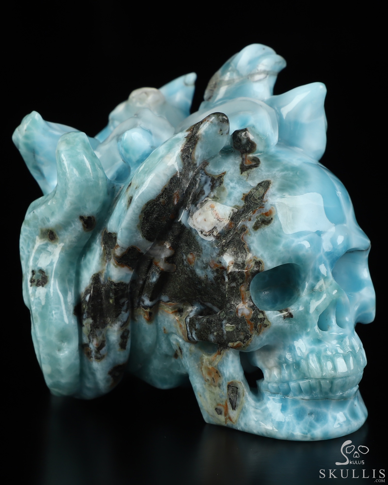 3.1" Larimar Hand Carved Crystal Skull and Fox Fine Art Sculpture, Crystal Healing 3.1" Larimar Hand Carved Crystal Skull and Fox Fine Art Sculpture, Crystal Healing