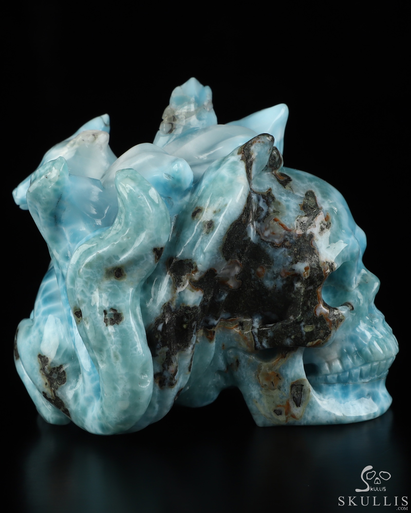 3.1" Larimar Hand Carved Crystal Skull and Fox Fine Art Sculpture, Crystal Healing 3.1" Larimar Hand Carved Crystal Skull and Fox Fine Art Sculpture, Crystal Healing