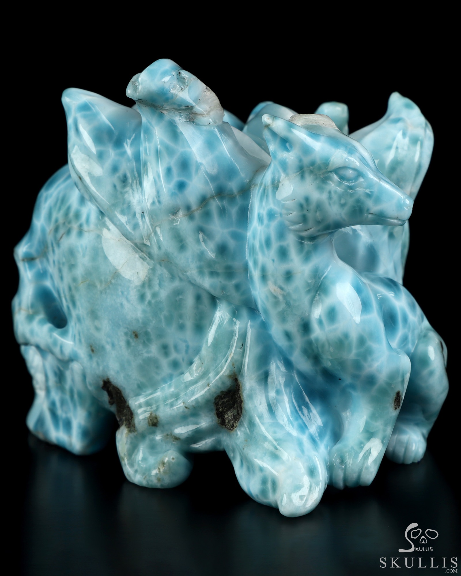 3.1" Larimar Hand Carved Crystal Skull and Fox Fine Art Sculpture, Crystal Healing 3.1" Larimar Hand Carved Crystal Skull and Fox Fine Art Sculpture, Crystal Healing