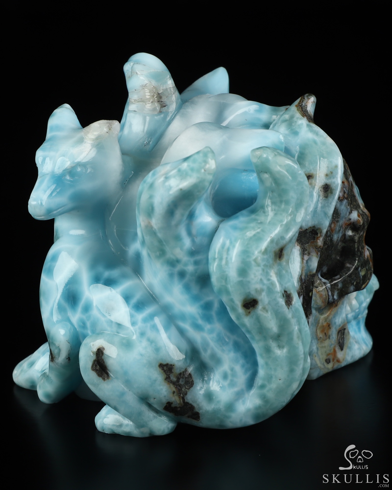 3.1" Larimar Hand Carved Crystal Skull and Fox Fine Art Sculpture, Crystal Healing 3.1" Larimar Hand Carved Crystal Skull and Fox Fine Art Sculpture, Crystal Healing