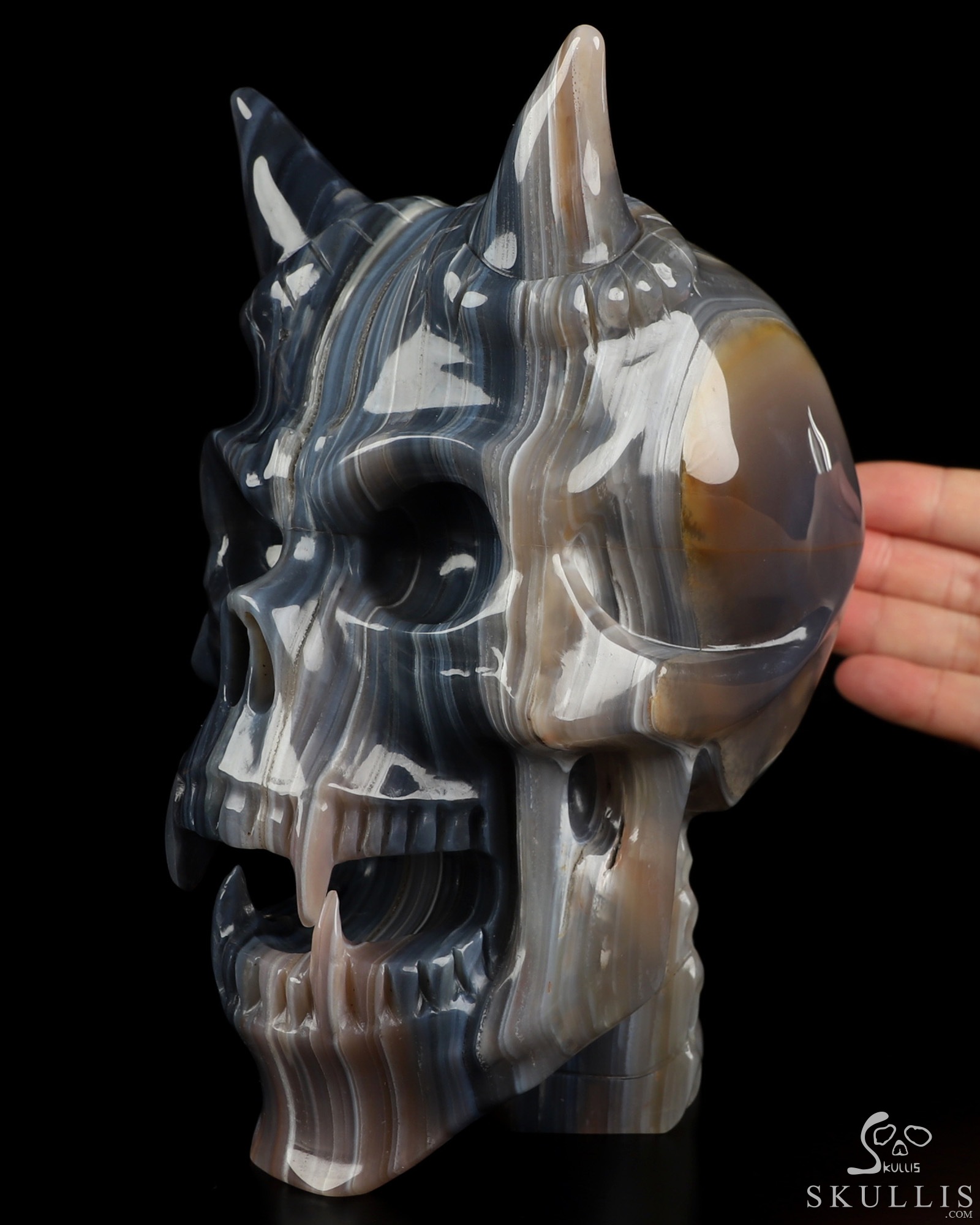 Ring-Base Horned Skull - 7.0" Premium Brazilian Agate Hand Carved Crystal Skull Fine Art Sculpture, Crystal Healing Ring-Base Horned Skull - 7.0" Premium Brazilian Agate Hand Carved Crystal Skull Fine Art Sculpture, Crystal Healing