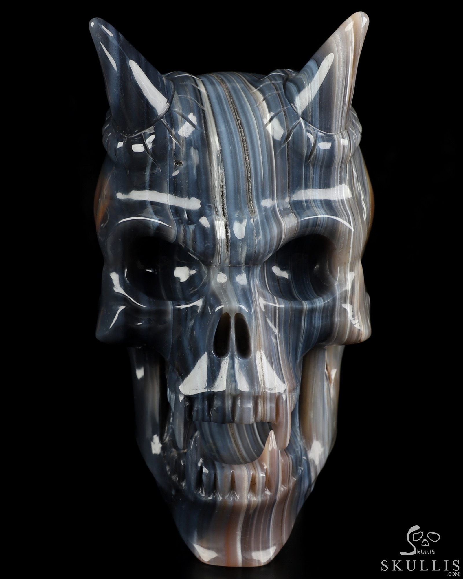 Ring-Base Horned Skull - 7.0" Premium Brazilian Agate Hand Carved Crystal Skull Fine Art Sculpture, Crystal Healing Ring-Base Horned Skull - 7.0" Premium Brazilian Agate Hand Carved Crystal Skull Fine Art Sculpture, Crystal Healing