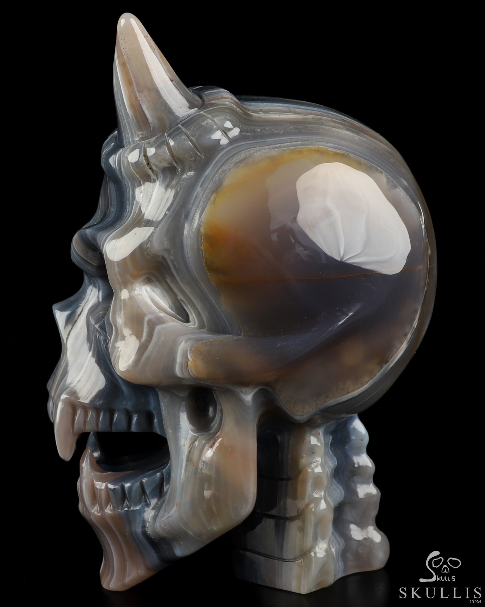 Ring-Base Horned Skull - 7.0" Premium Brazilian Agate Hand Carved Crystal Skull Fine Art Sculpture, Crystal Healing Ring-Base Horned Skull - 7.0" Premium Brazilian Agate Hand Carved Crystal Skull Fine Art Sculpture, Crystal Healing