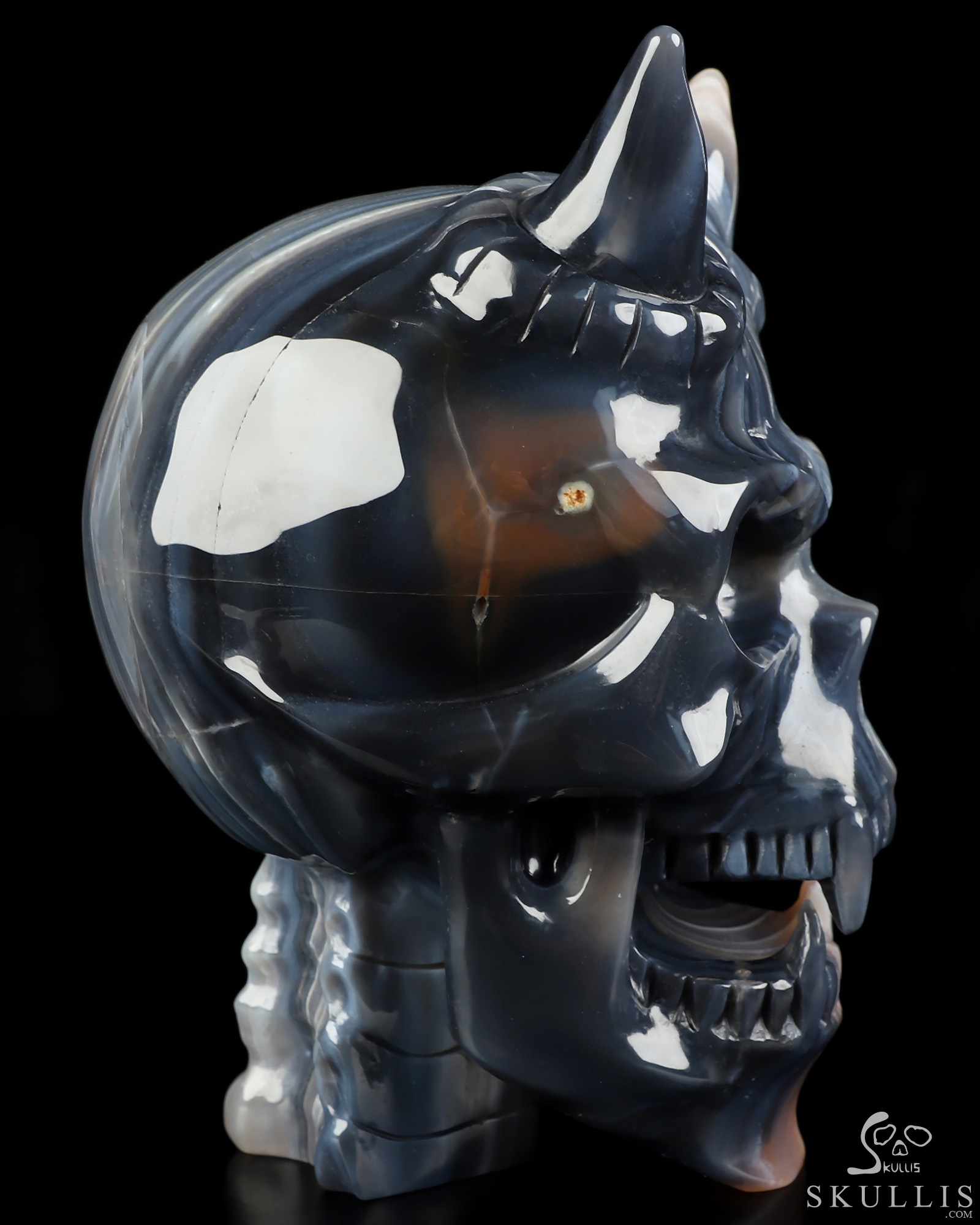 Ring-Base Horned Skull - 7.0" Premium Brazilian Agate Hand Carved Crystal Skull Fine Art Sculpture, Crystal Healing Ring-Base Horned Skull - 7.0" Premium Brazilian Agate Hand Carved Crystal Skull Fine Art Sculpture, Crystal Healing
