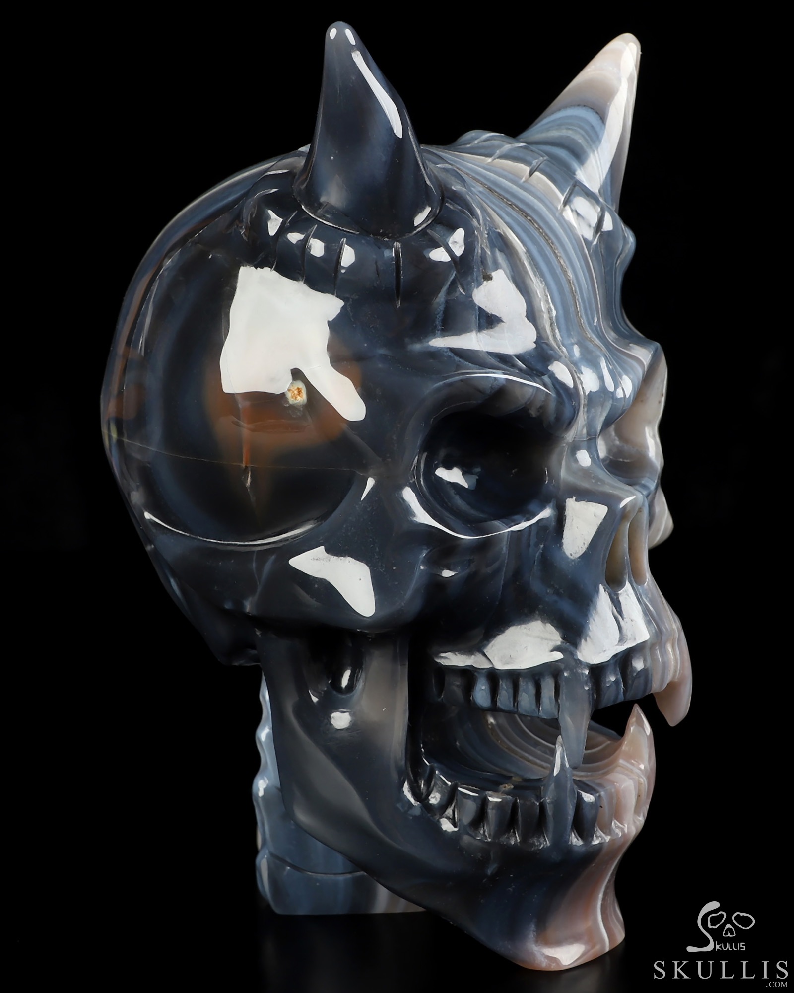 Ring-Base Horned Skull - 7.0" Premium Brazilian Agate Hand Carved Crystal Skull Fine Art Sculpture, Crystal Healing Ring-Base Horned Skull - 7.0" Premium Brazilian Agate Hand Carved Crystal Skull Fine Art Sculpture, Crystal Healing