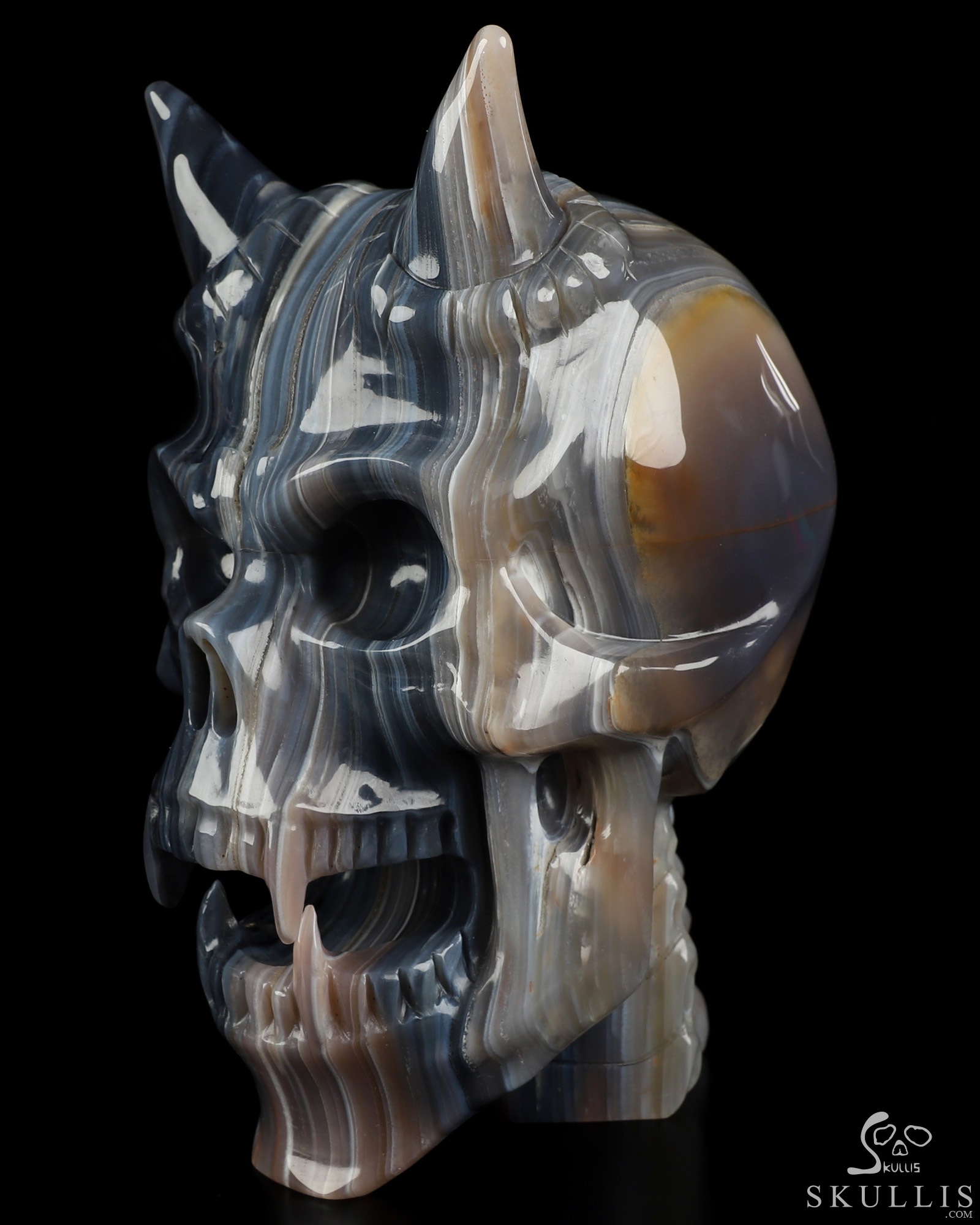 Ring-Base Horned Skull - 7.0" Premium Brazilian Agate Hand Carved Crystal Skull Fine Art Sculpture, Crystal Healing Ring-Base Horned Skull - 7.0" Premium Brazilian Agate Hand Carved Crystal Skull Fine Art Sculpture, Crystal Healing