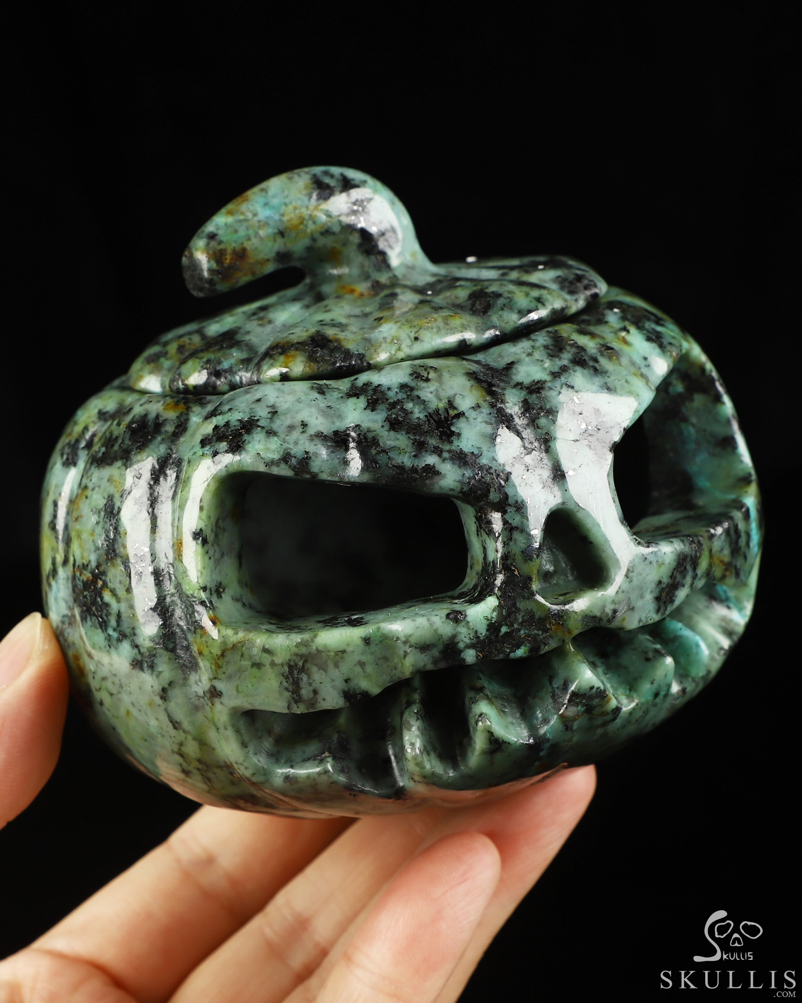 4.1" African Turquoise Hand Carved Hollow Pumpkin Crystal Skull Sculpture, Crystal Healing 4.1" African Turquoise Hand Carved Hollow Pumpkin Crystal Skull Sculpture, Crystal Healing