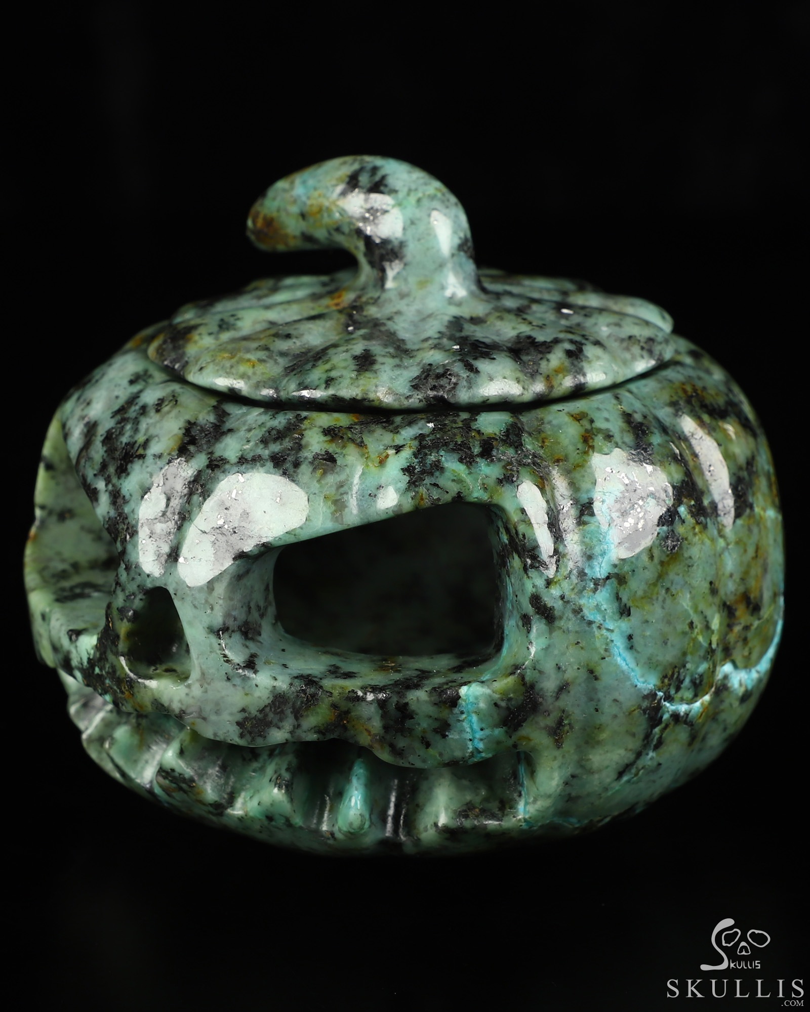 4.1" African Turquoise Hand Carved Hollow Pumpkin Crystal Skull Sculpture, Crystal Healing 4.1" African Turquoise Hand Carved Hollow Pumpkin Crystal Skull Sculpture, Crystal Healing