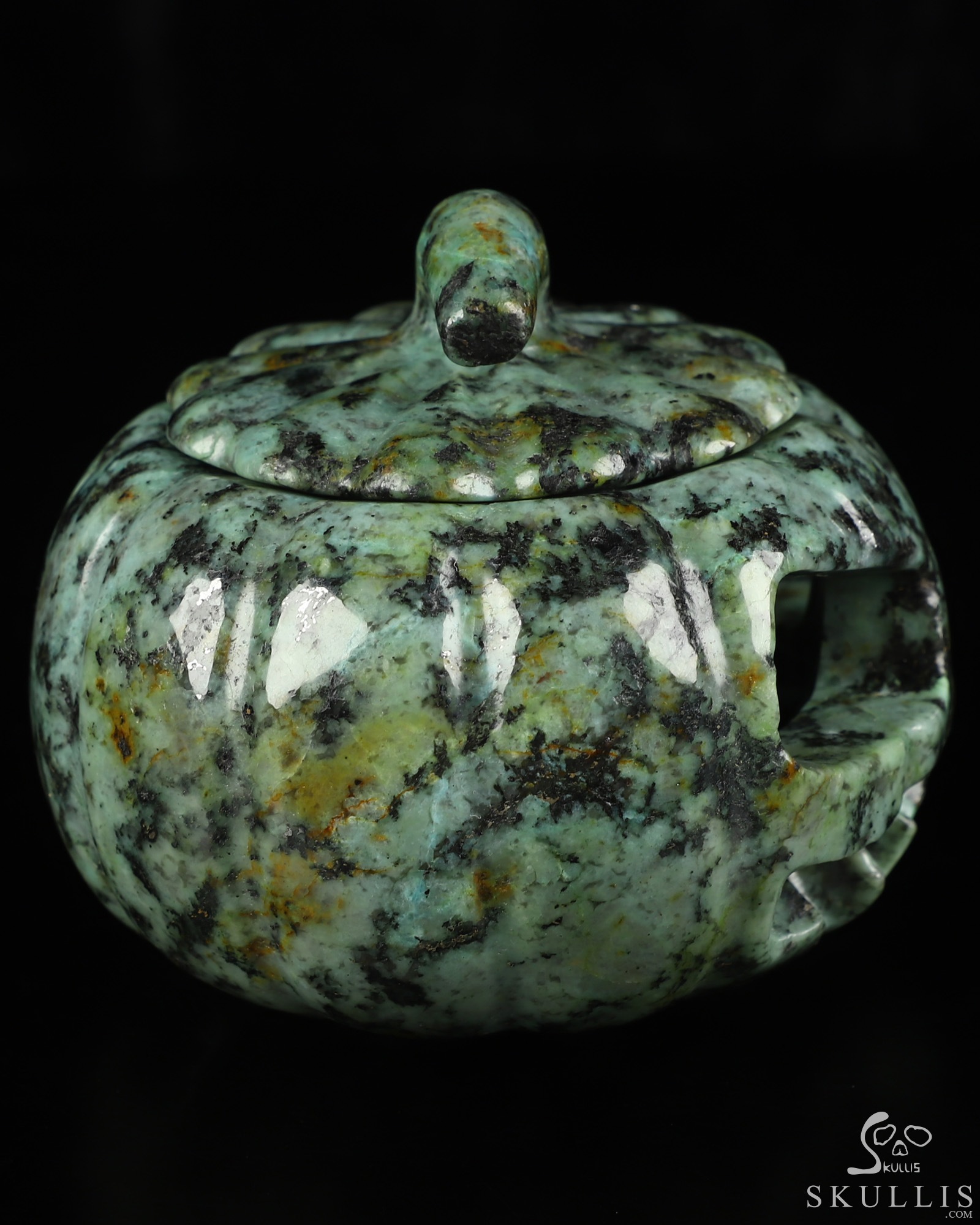 4.1" African Turquoise Hand Carved Hollow Pumpkin Crystal Skull Sculpture, Crystal Healing 4.1" African Turquoise Hand Carved Hollow Pumpkin Crystal Skull Sculpture, Crystal Healing