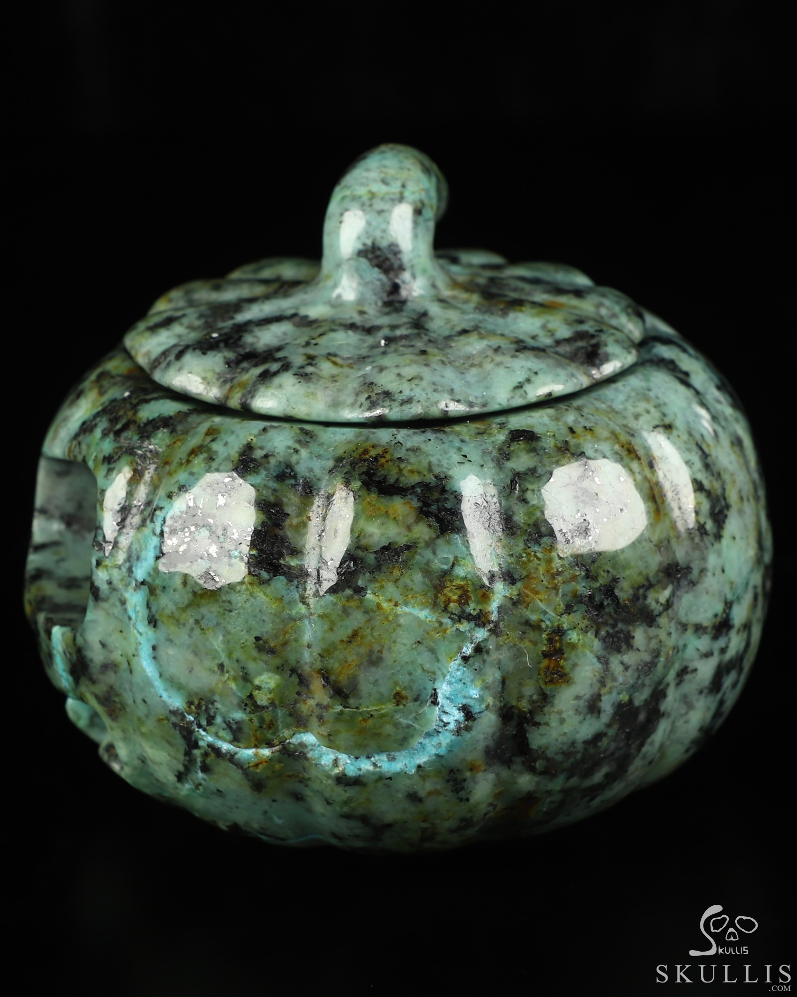 4.1" African Turquoise Hand Carved Hollow Pumpkin Crystal Skull Sculpture, Crystal Healing 4.1" African Turquoise Hand Carved Hollow Pumpkin Crystal Skull Sculpture, Crystal Healing