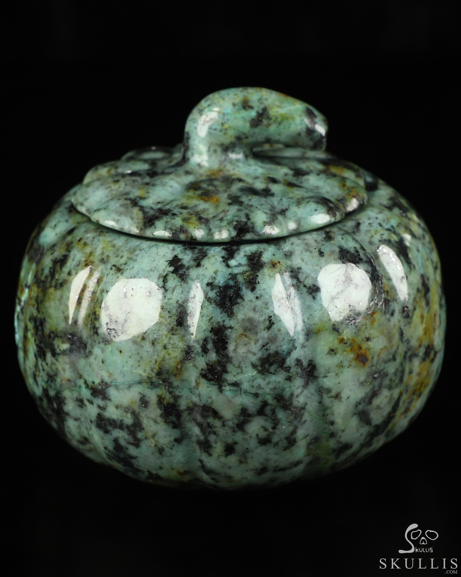 4.1" African Turquoise Hand Carved Hollow Pumpkin Crystal Skull Sculpture, Crystal Healing 4.1" African Turquoise Hand Carved Hollow Pumpkin Crystal Skull Sculpture, Crystal Healing