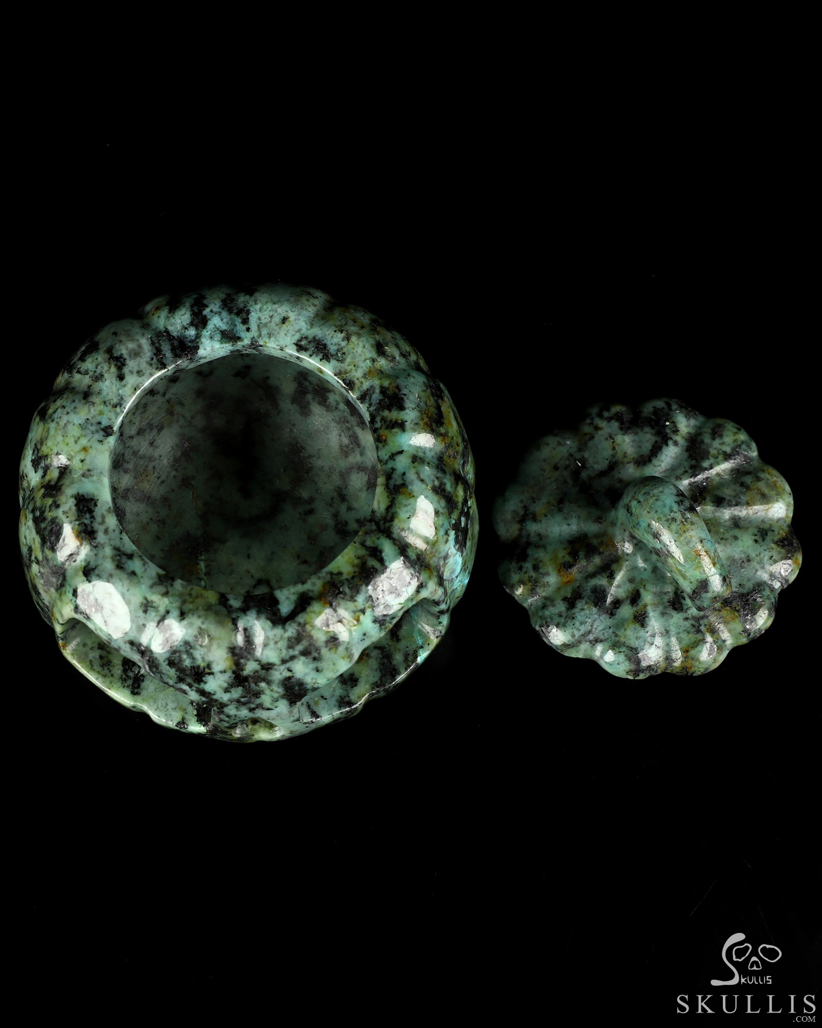 4.1" African Turquoise Hand Carved Hollow Pumpkin Crystal Skull Sculpture, Crystal Healing 4.1" African Turquoise Hand Carved Hollow Pumpkin Crystal Skull Sculpture, Crystal Healing