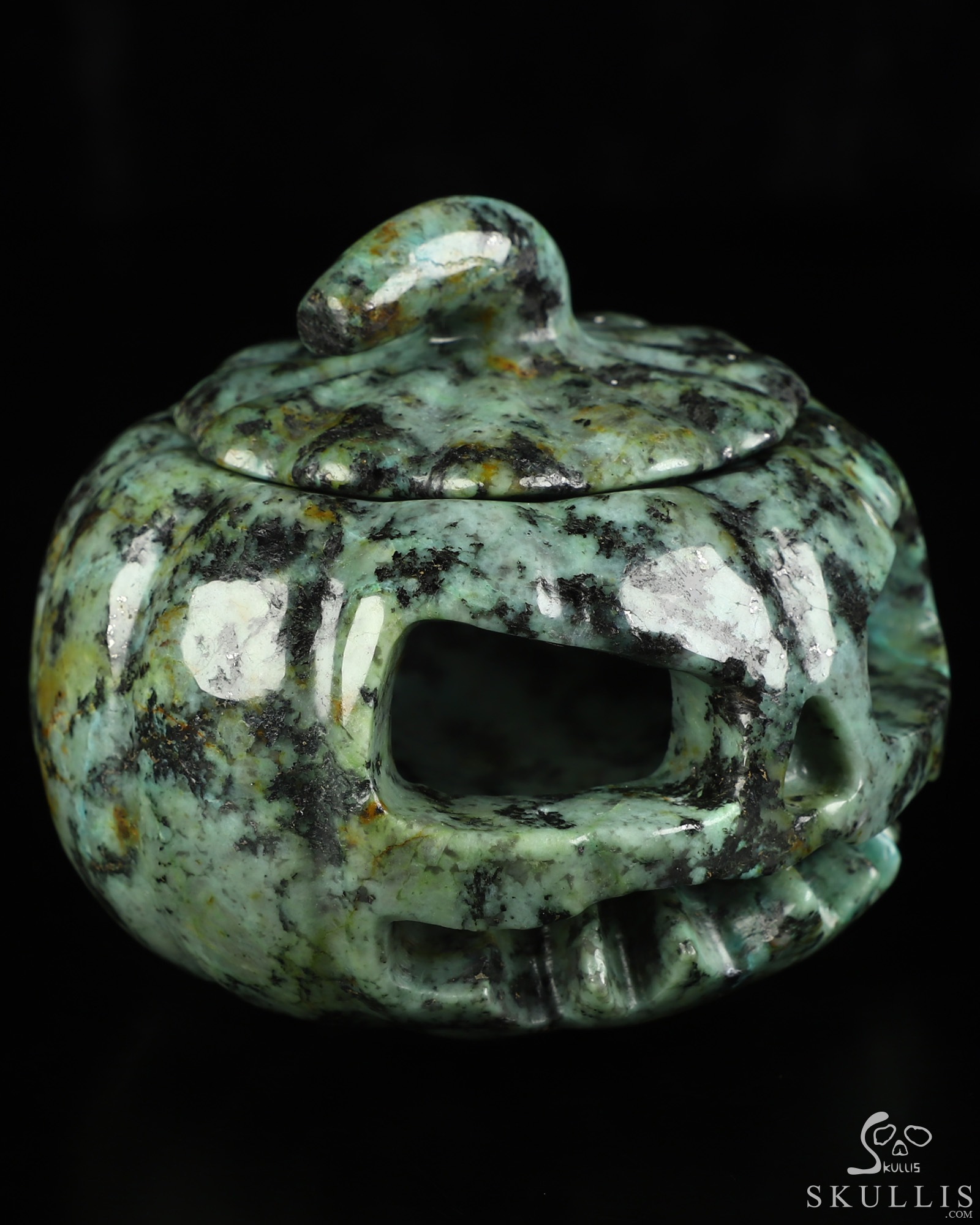 4.1" African Turquoise Hand Carved Hollow Pumpkin Crystal Skull Sculpture, Crystal Healing 4.1" African Turquoise Hand Carved Hollow Pumpkin Crystal Skull Sculpture, Crystal Healing