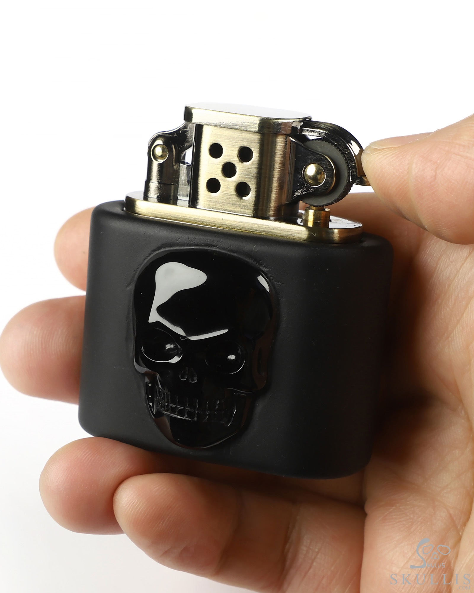 Bonefire - 2.1" Black Obsidian Hand-Carved Relief Crystal Skull Refillable Kerosene Novelty Pocket Lighter Accessory Bonefire - 2.1" Black Obsidian Hand-Carved Relief Crystal Skull Refillable Kerosene Novelty Pocket Lighter Accessory