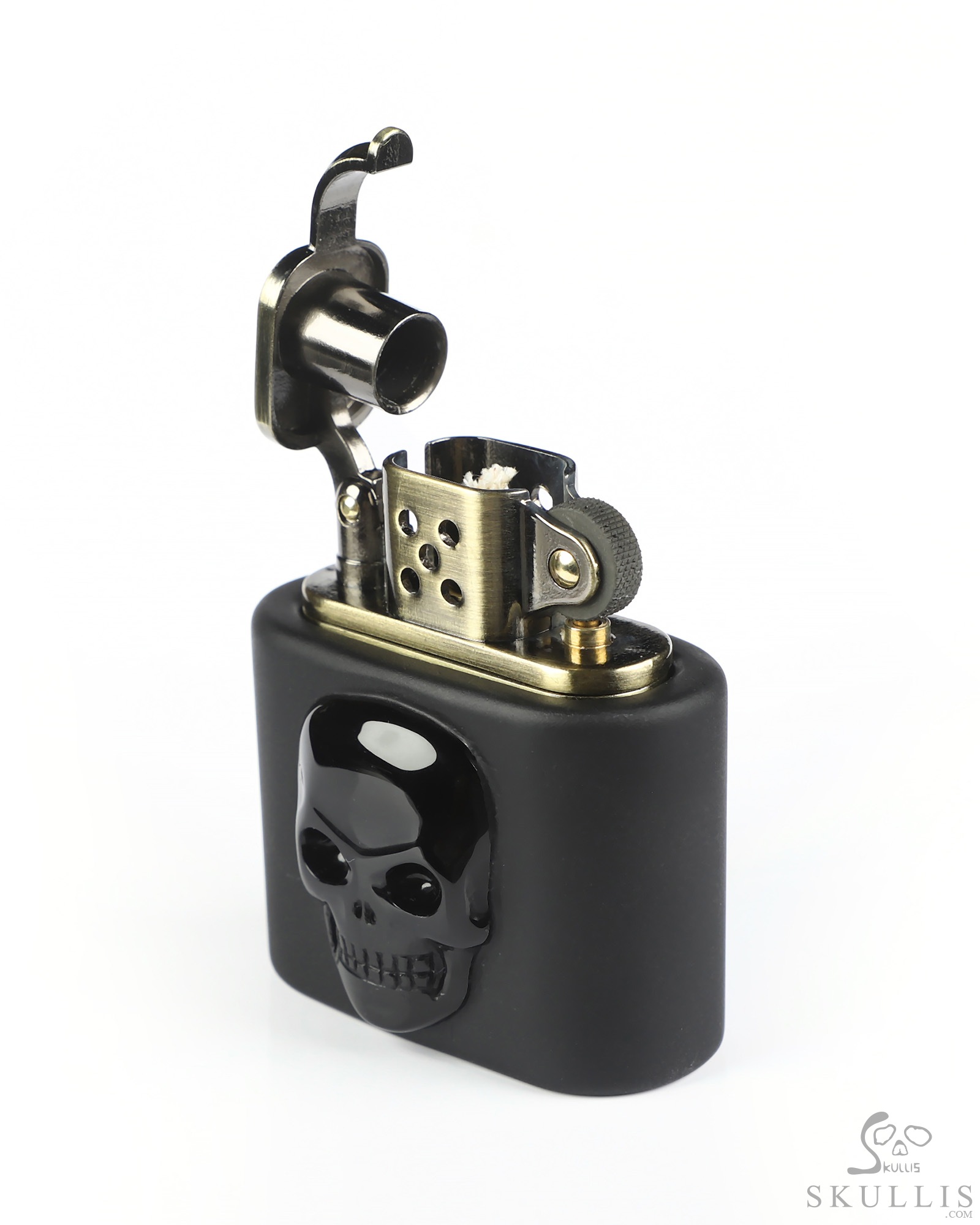 Bonefire - 2.1" Black Obsidian Hand-Carved Relief Crystal Skull Refillable Kerosene Novelty Pocket Lighter Accessory Bonefire - 2.1" Black Obsidian Hand-Carved Relief Crystal Skull Refillable Kerosene Novelty Pocket Lighter Accessory