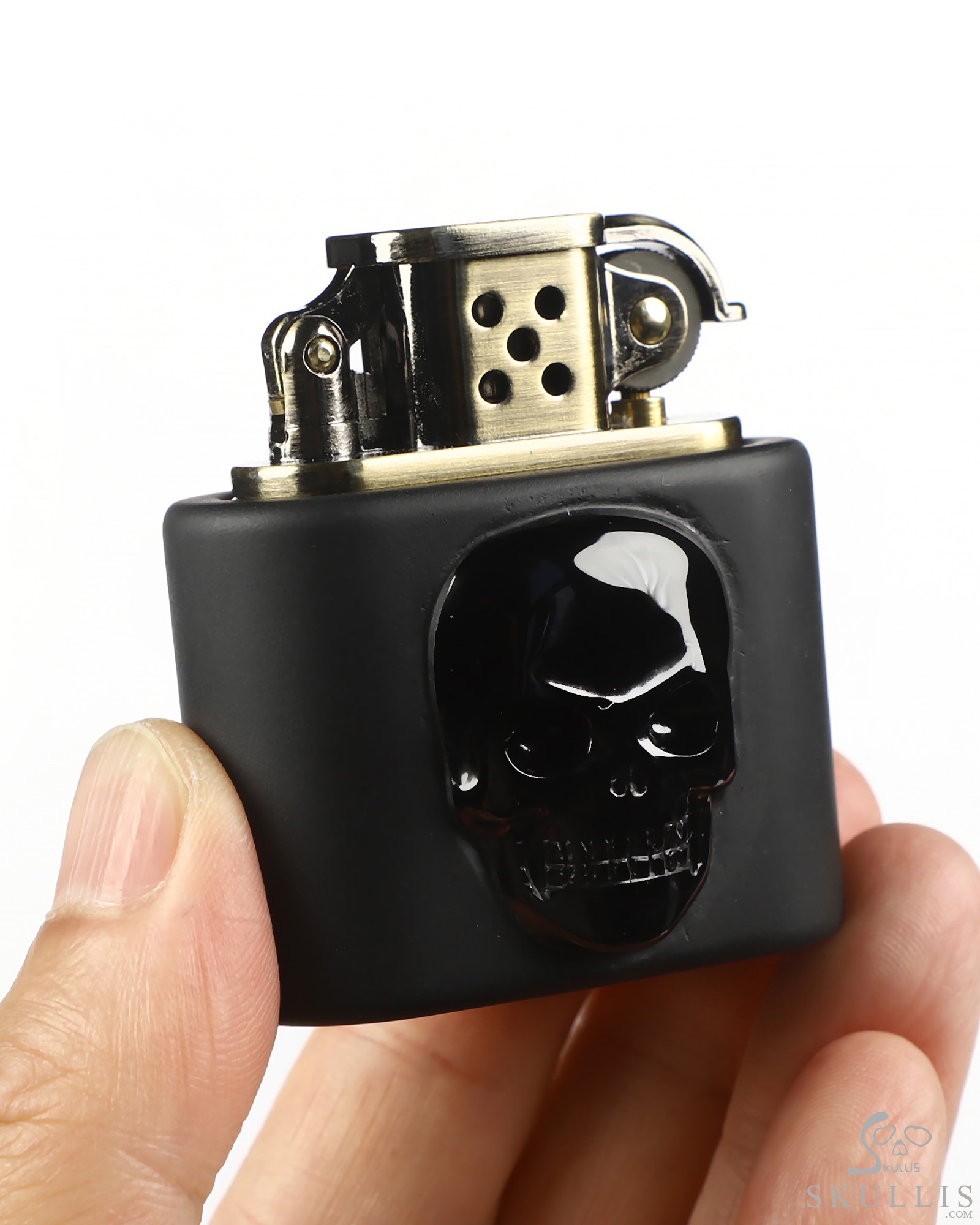 Bonefire - 2.1" Black Obsidian Hand-Carved Relief Crystal Skull Refillable Kerosene Novelty Pocket Lighter Accessory Bonefire - 2.1" Black Obsidian Hand-Carved Relief Crystal Skull Refillable Kerosene Novelty Pocket Lighter Accessory