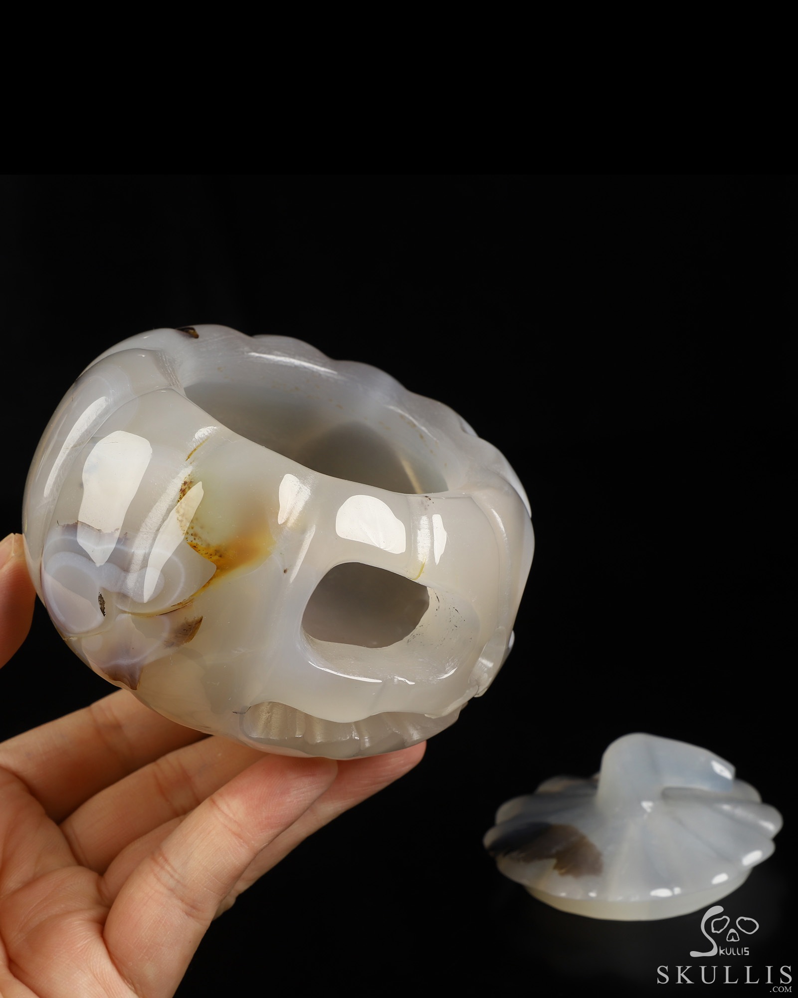 4.0" Agate Hand Carved Hollow Pumpkin Crystal Skull Sculpture, Crystal Healing 4.0" Agate Hand Carved Hollow Pumpkin Crystal Skull Sculpture, Crystal Healing